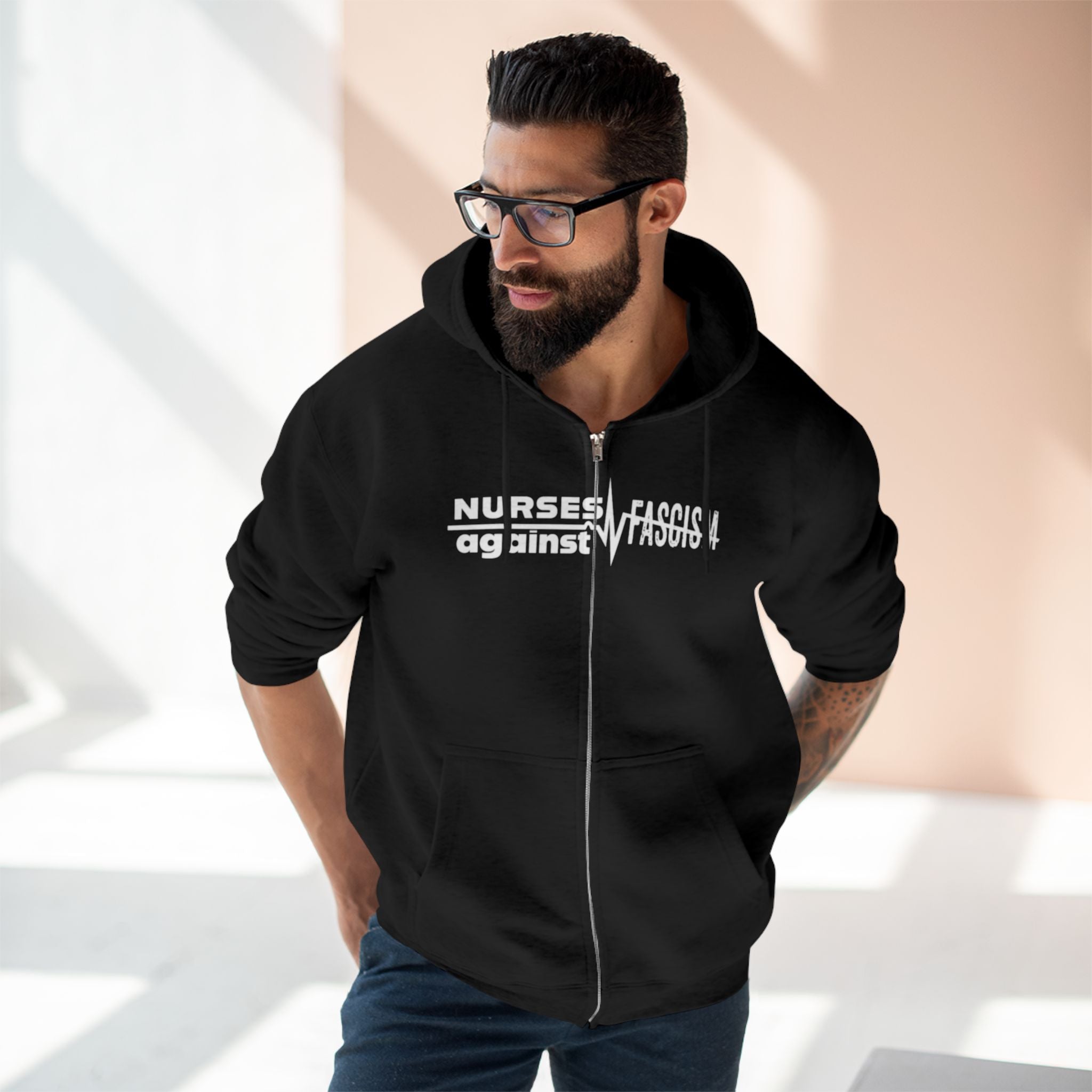 Men's Medium-heavy fabric Full-Zip Hoodie - Nurses Against Fascism (front) - Nurses Against Cruelty (black) - 60% recycled cotton, 40% recycled polyester - Lane Seven LS14003