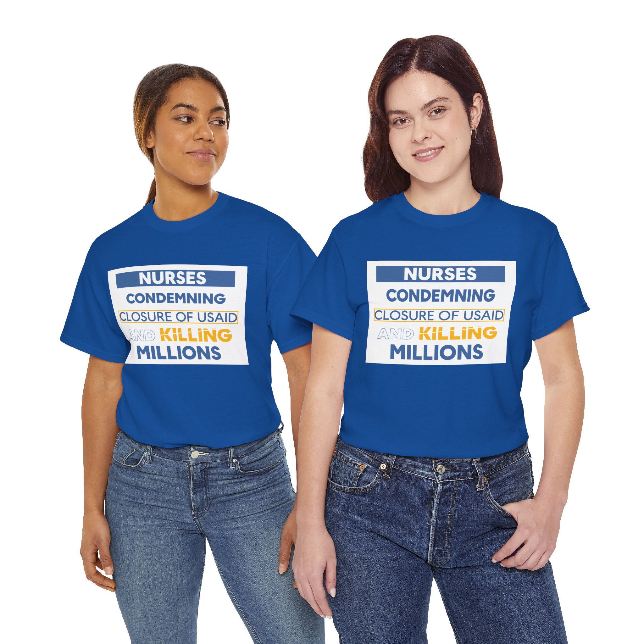Unisex Medium fabric Cotton Tee - Nurses Condemning Closure of USAID (front) - Nurses For NIH CDC FEMA USAID And YOU (back) - 5.3 oz/yd² / 180 g/m² - NFG-T-G5000
