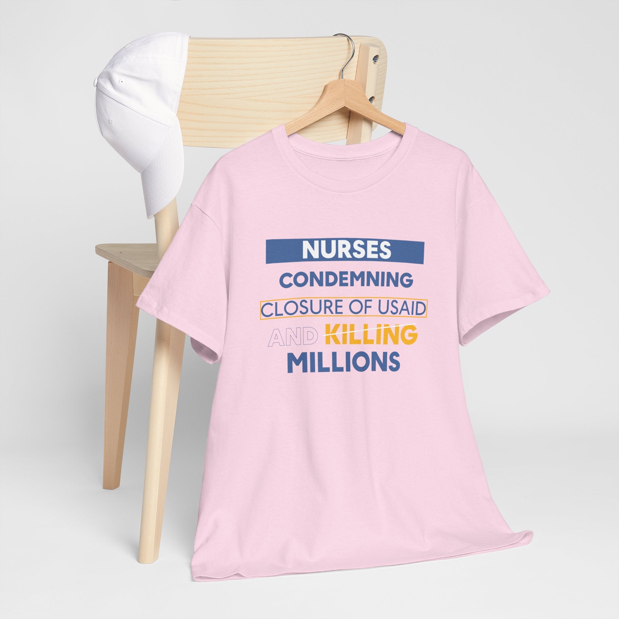 Unisex Medium fabric Cotton Tee - Nurses Condemning Closure of USAID (front) - Nurses For NIH CDC FEMA USAID And YOU (back) - 5.3 oz/yd² / 180 g/m² - NFG-T-G5000