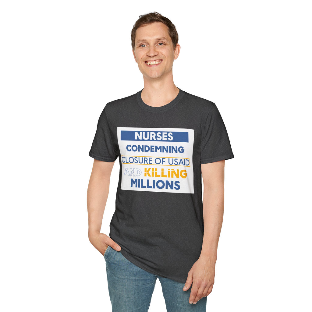 Unisex Lightweight fabric T-Shirt - Nurses Condemning Closure of USAID (front) - Nurses For NIH CDC FEMA USAID And YOU (back) - 100% ring-spun cotton - NFG-T-G64000
