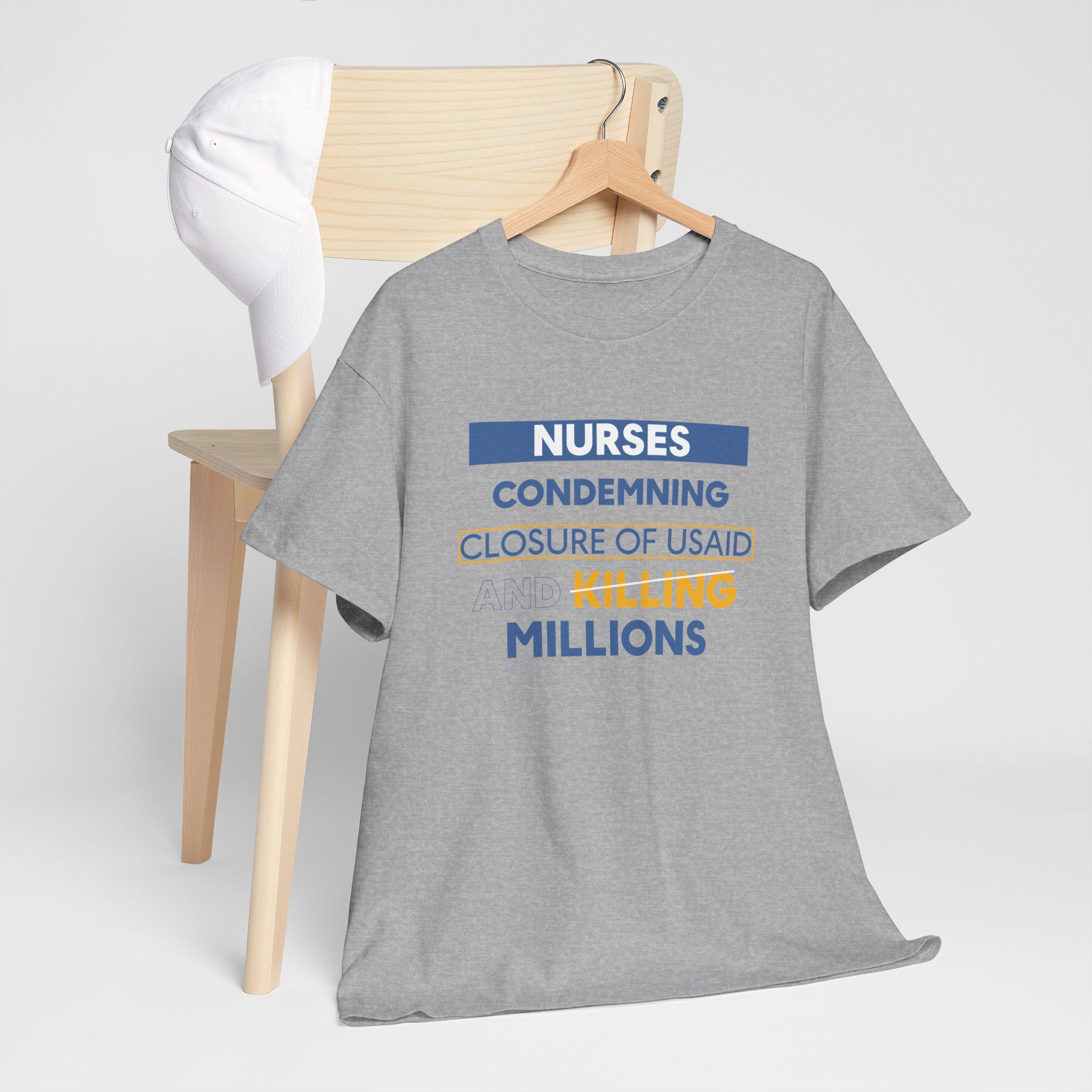 Unisex Medium fabric Cotton Tee - Nurses Condemning Closure of USAID (front) - Nurses For NIH CDC FEMA USAID And YOU (back) - 5.3 oz/yd² / 180 g/m² - NFG-T-G5000