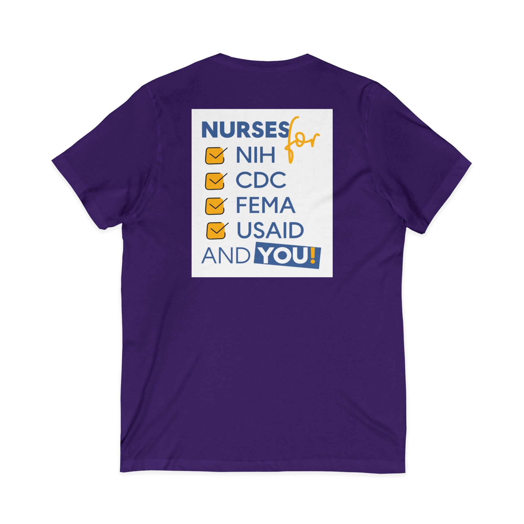 Unisex Lightweight fabric Jersey Short Sleeve V-Neck Tee - Nurses Condemning Closure of USAID (front) - Nurses For NIH CDC FEMA USAID And YOU (back) - 100% cotton fabric - NFG-V-BC3005