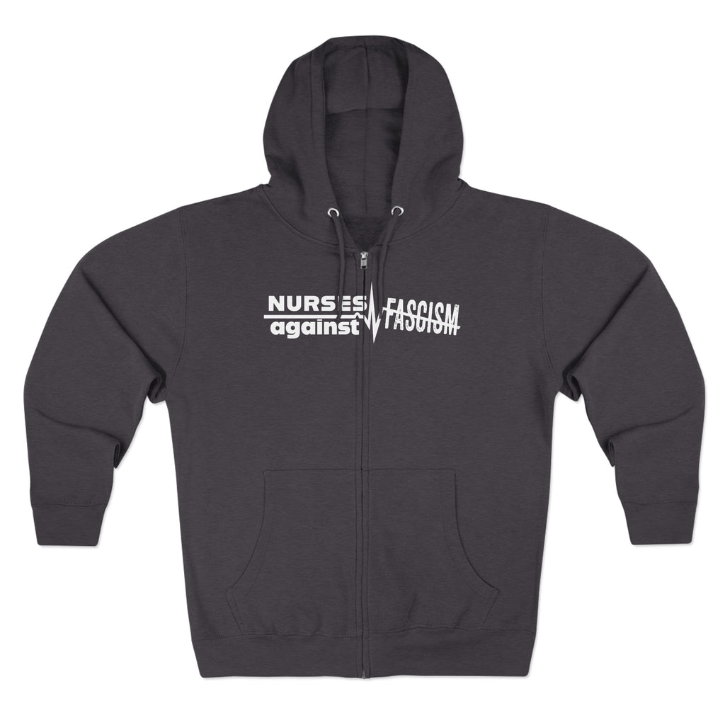 Men's Medium-heavy fabric Full-Zip Hoodie - Nurses Against Fascism (front) - Nurses Against Cruelty (black) - 60% recycled cotton, 40% recycled polyester - Lane Seven LS14003
