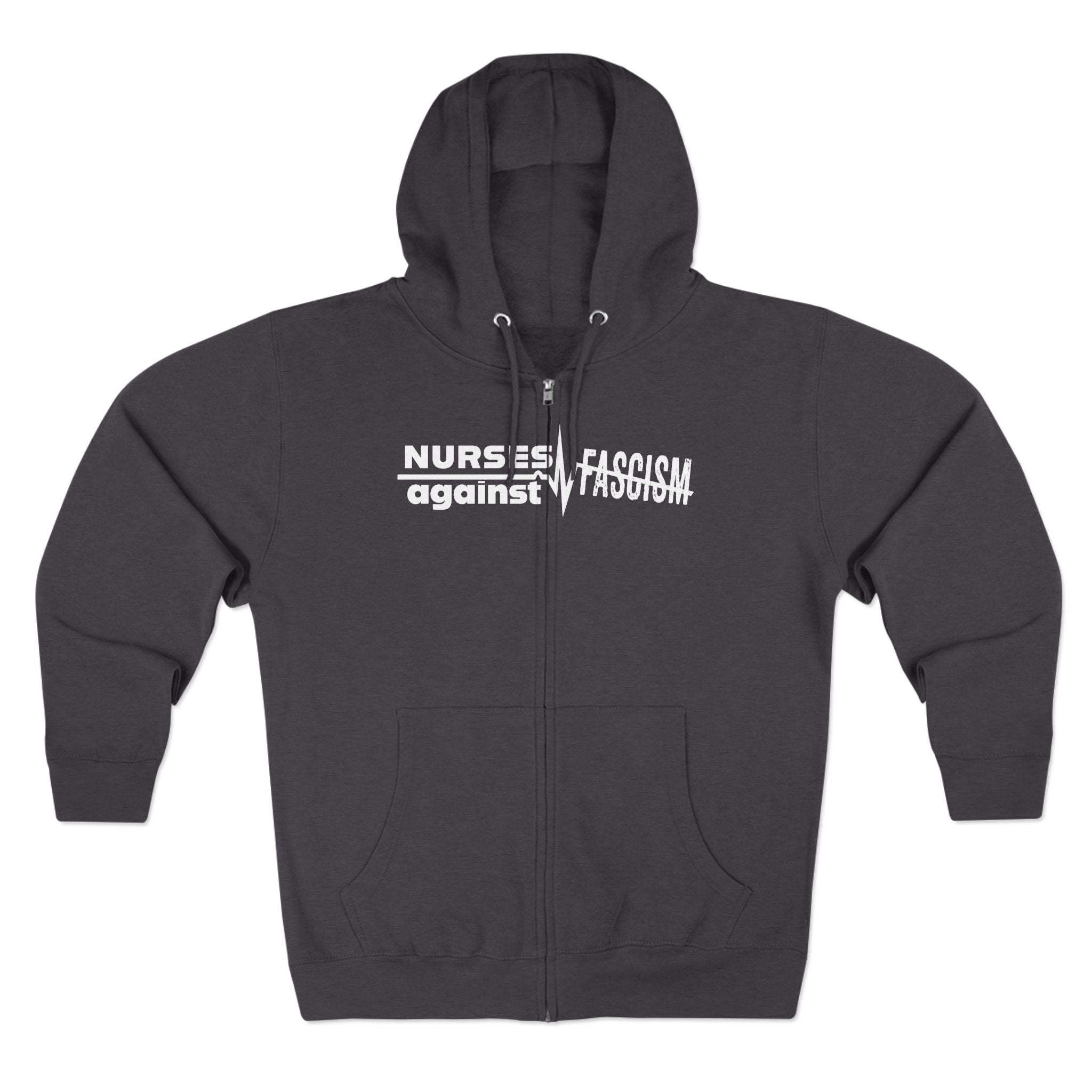 Men's Medium-heavy fabric Full-Zip Hoodie - Nurses Against Fascism (front) - Nurses Against Cruelty (black) - 60% recycled cotton, 40% recycled polyester - Lane Seven LS14003