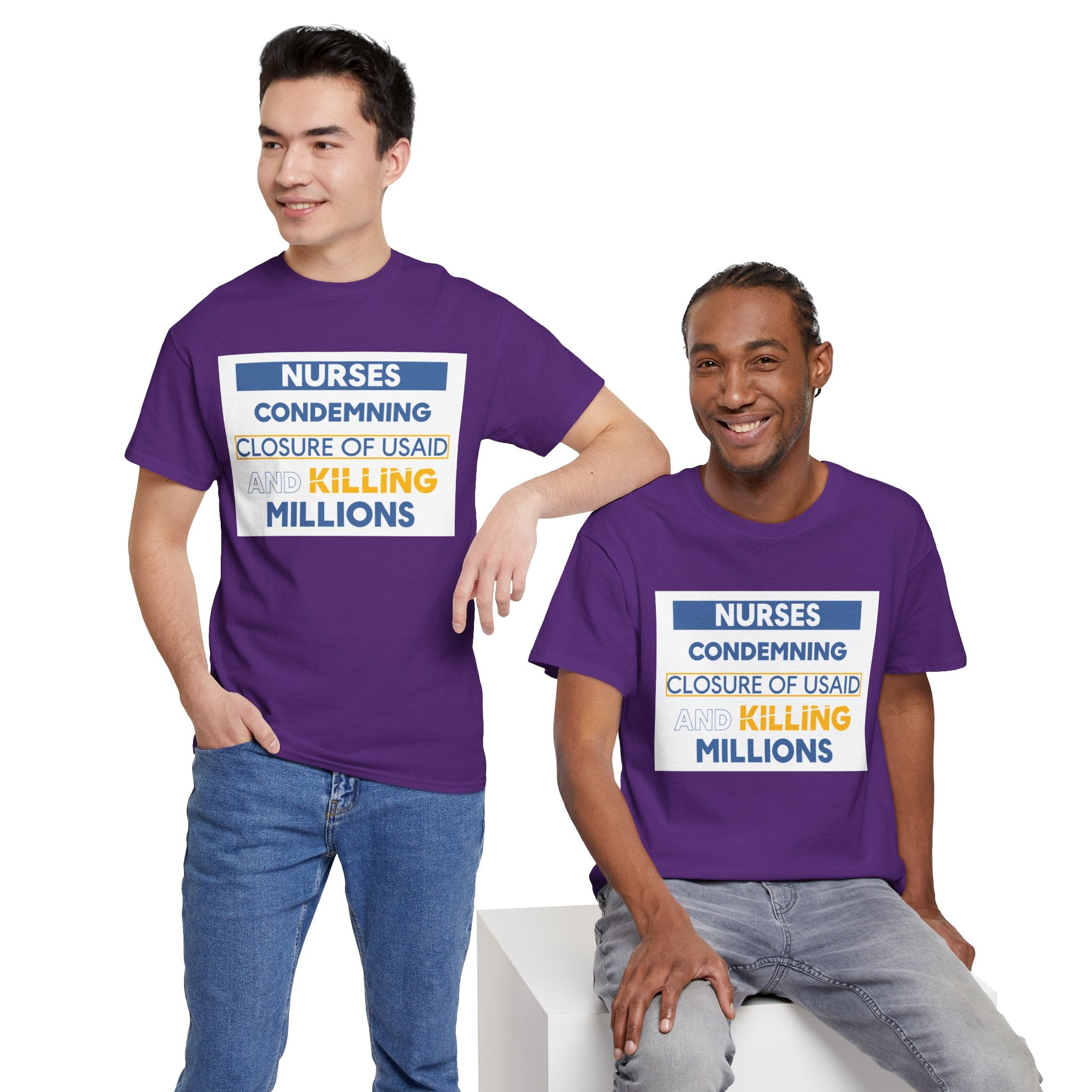 Unisex Medium fabric Cotton Tee - Nurses Condemning Closure of USAID (front) - Nurses For NIH CDC FEMA USAID And YOU (back) - 5.3 oz/yd² / 180 g/m² - NFG-T-G5000