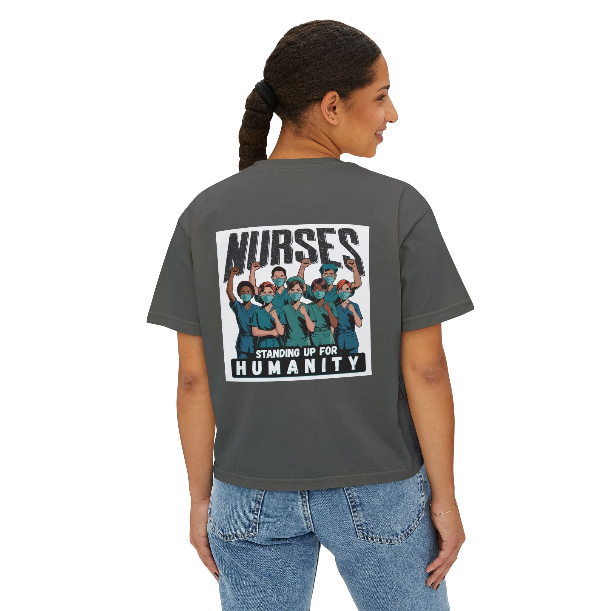 Women's Boxy Heavy fabric Tee - Nurses For Healing The Nation (front) - Nurses Standing Up For Humanity (back) - 100% ring-spun US cotton - NFH-T-CC3023CL