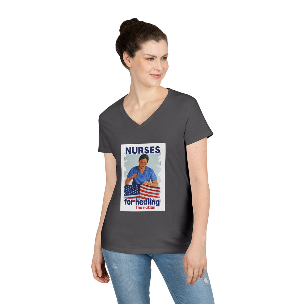 Women's Medium fabric V-Neck T-Shirt - Nurses For Healing The Nation (front) - Nurses Standing Up For Humanity (back) - 100% cotton - NFH-V-G5V00L
