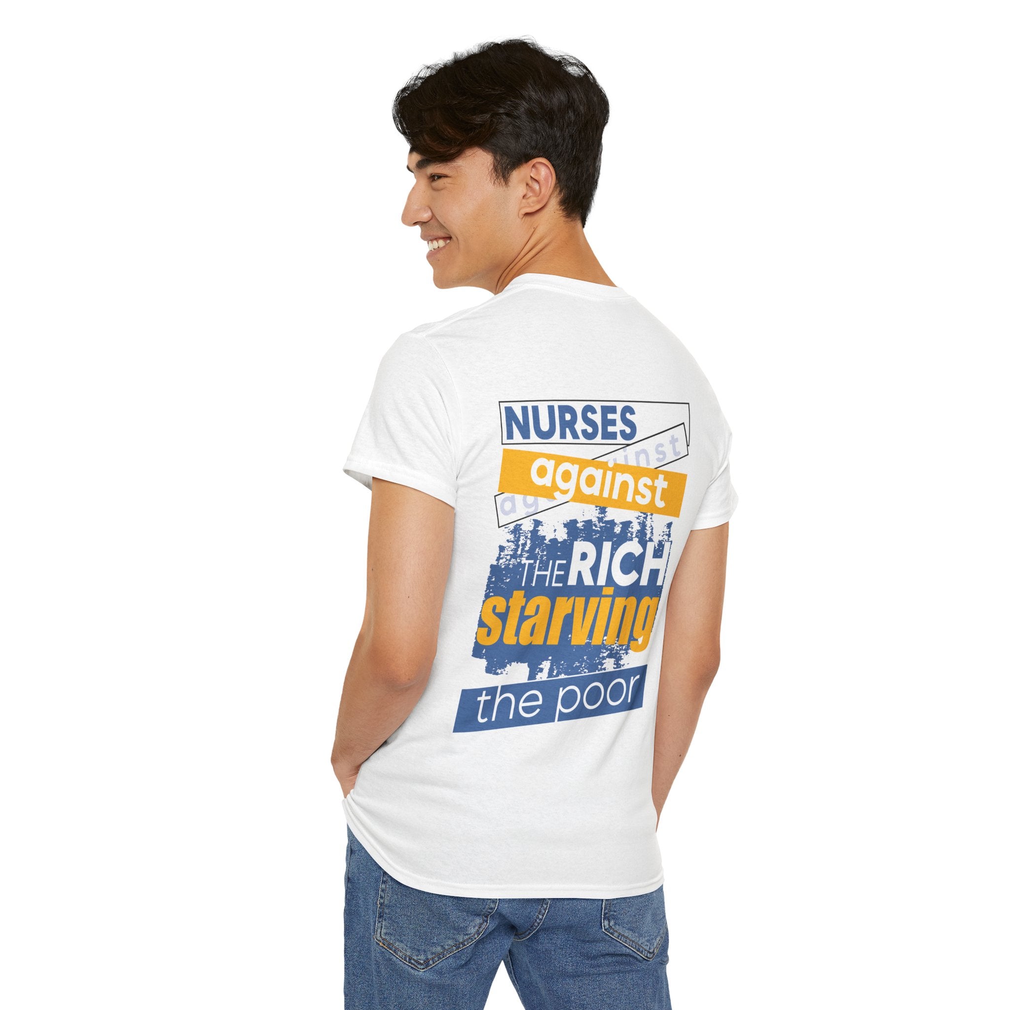 Unisex Medium fabric Cotton Tee - Free School Lunches For All (front) - Nurses Against The Rich Starving The Poor (back) - 5.3 oz/yd² / 180 g/m² - NAH-T-G5000