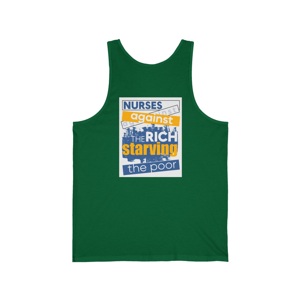 Unisex Light fabric Jersey Tank - Free School Lunches For All (front) - Nurses Against The Rich Starving The Poor (back) - 100% Airlume combed and ring-spun cotton - NAH-K-BC3480