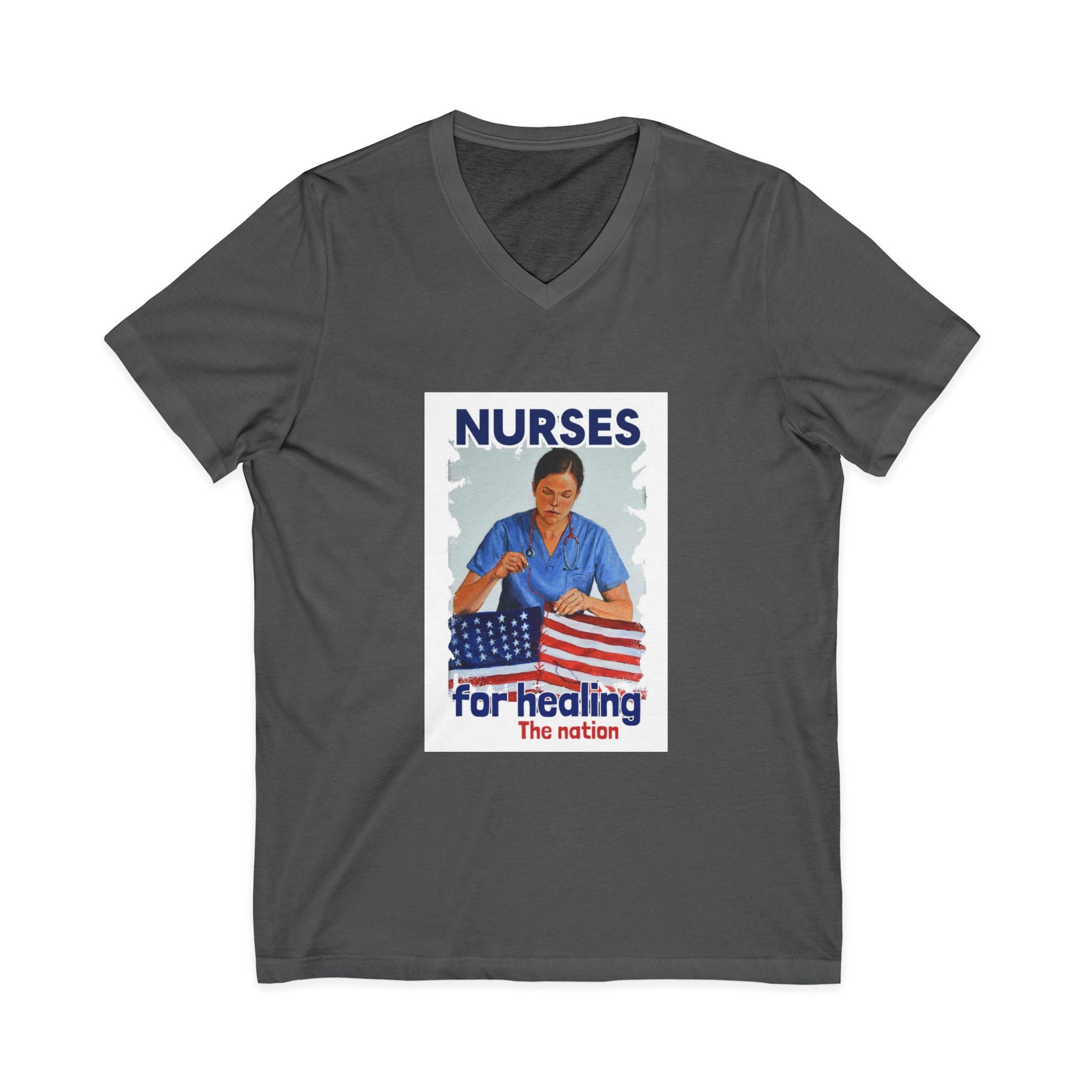 Unisex Lightweight fabric Jersey Short Sleeve V-Neck Tee - Nurses For Healing The Nation (front) - Nurses Standing Up For Humanity (back) - 100% cotton fabric - NFH-V-BC3005