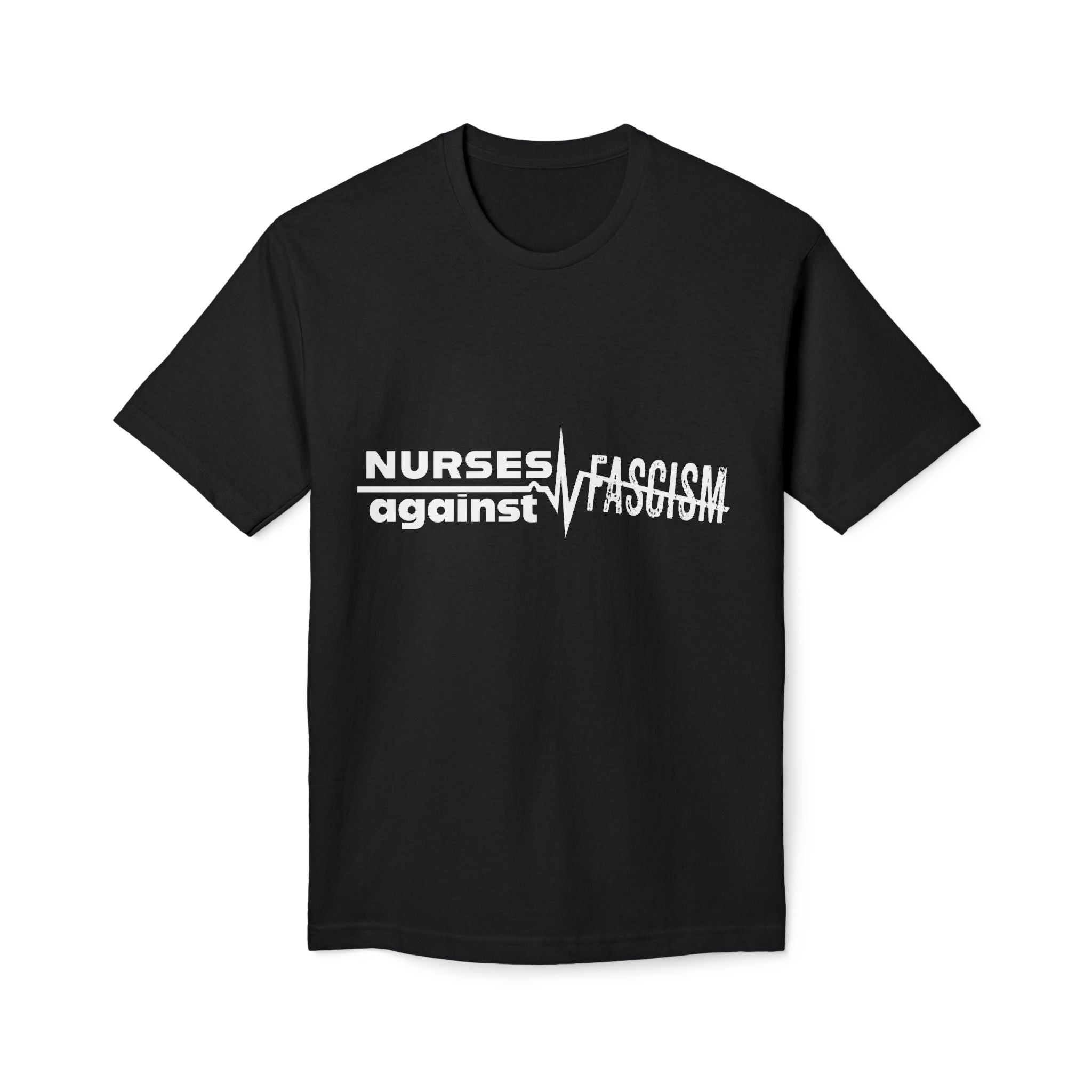 Unisex Midweight T-shirt, Nurses Against Fascism (front) - Nurses Against Cruelty (back) - 100% Polyster - NAF-T-BS5040