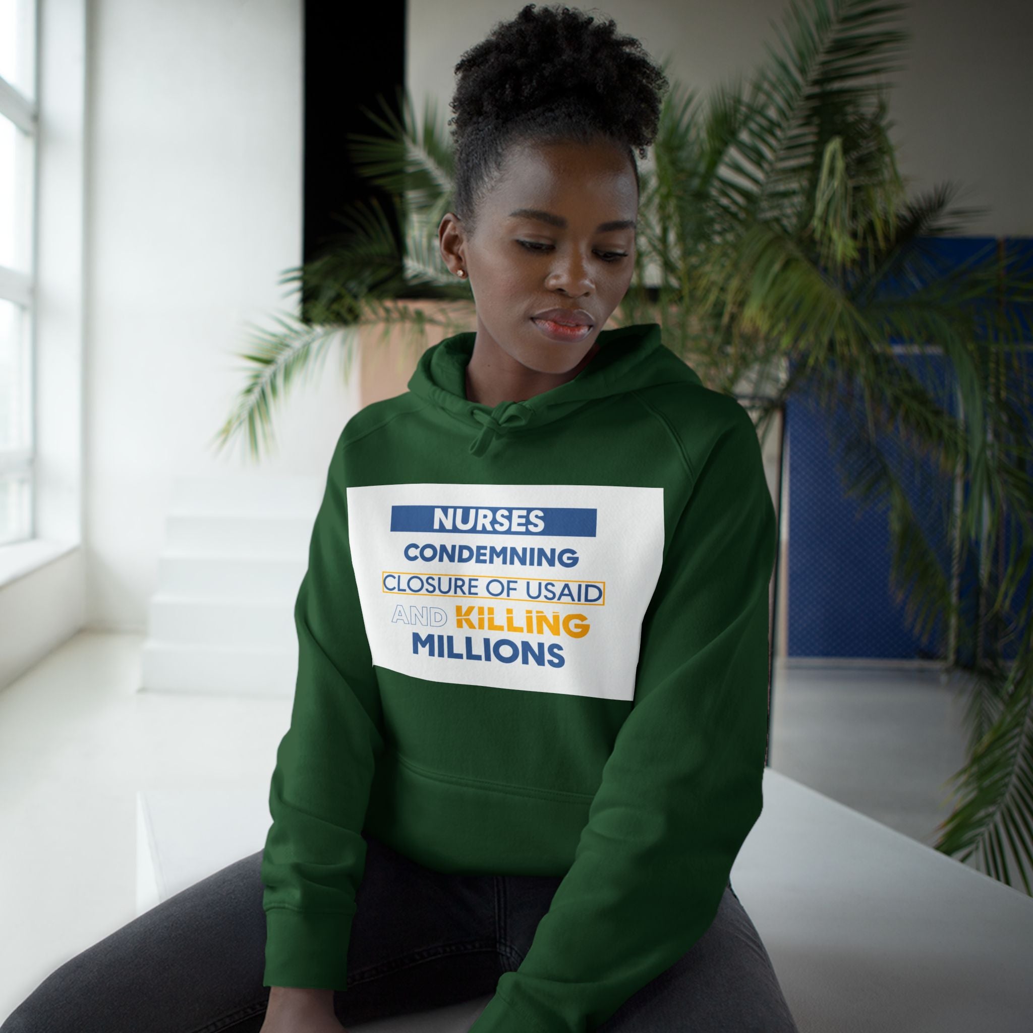 Unisex Mid-weight Hoodie - Nurses Condemning Closure of USAID (front) - Nurses For NIH CDC FEMA USAID And YOU (back) - 80% cotton, 20% Polyester - NFG-H-AC5101