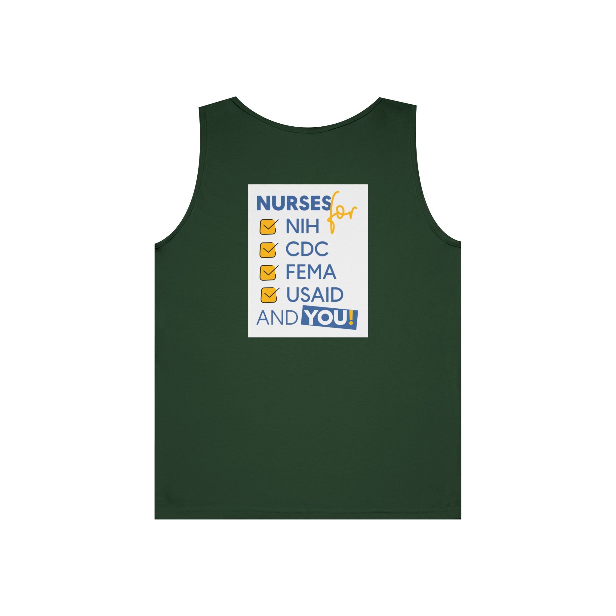 Unisex Medium fabric Cotton Tank Top - Nurses Condemning Closure of USAID (front) - Nurses For NIH CDC FEMA USAID And YOU (back) - 100% cotton - NFG-K-G5200