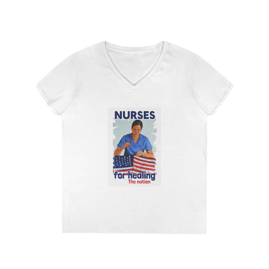 Women's Medium fabric V-Neck T-Shirt - Nurses For Healing The Nation (front) - Nurses Standing Up For Humanity (back) - 100% cotton - NFH-V-G5V00L