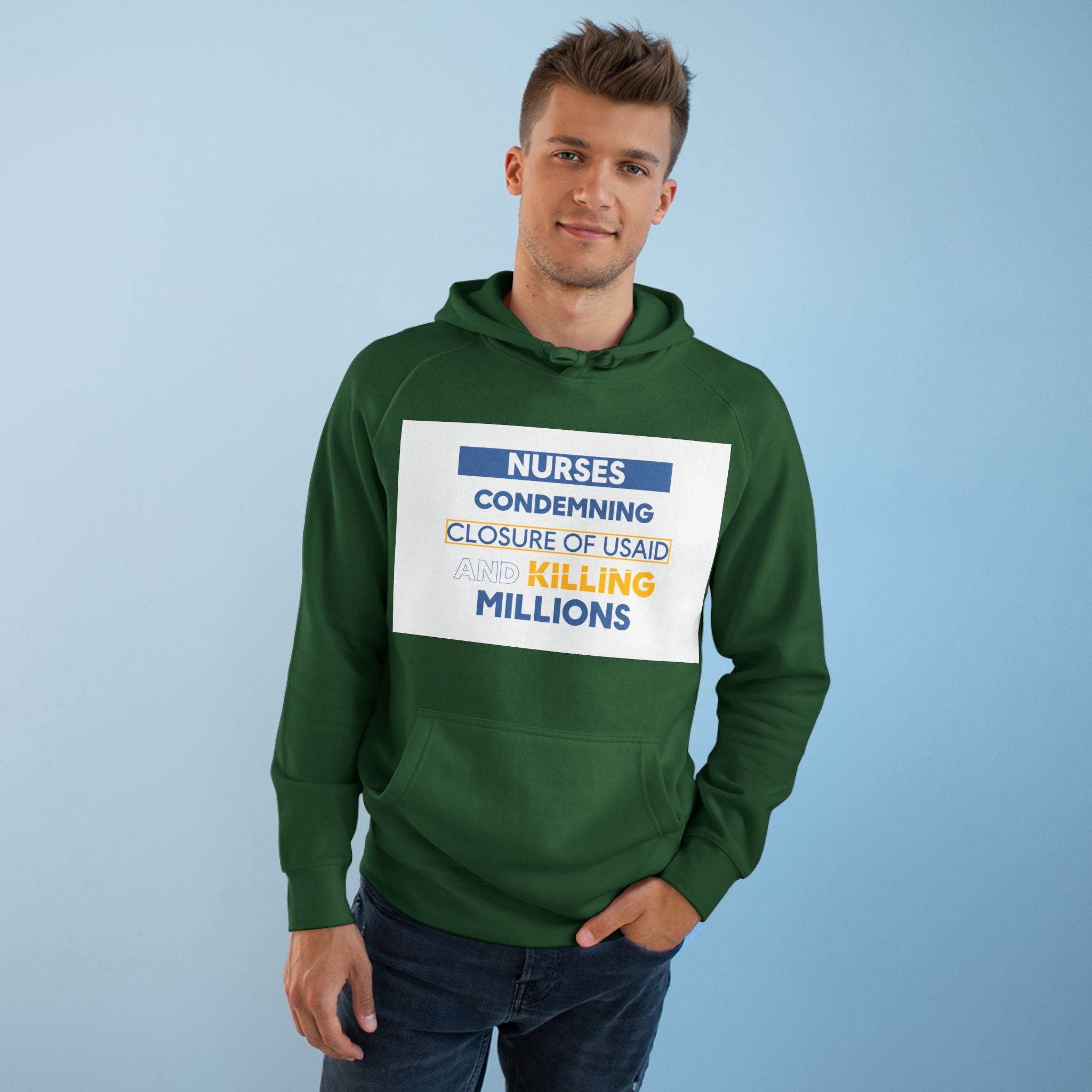 Unisex Mid-weight Hoodie - Nurses Condemning Closure of USAID (front) - Nurses For NIH CDC FEMA USAID And YOU (back) - 80% cotton, 20% Polyester - NFG-H-AC5101