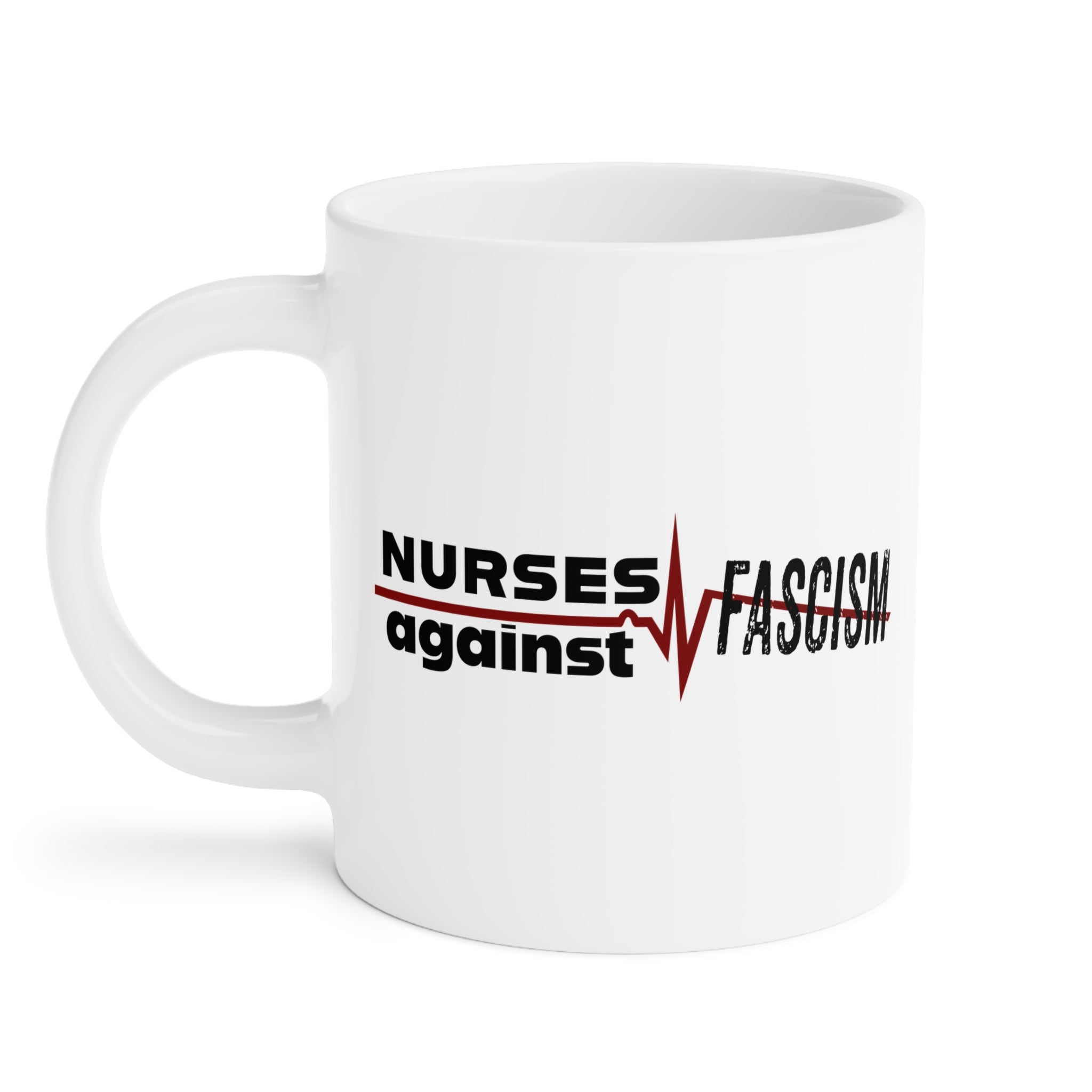 Unisex Ceramic Mug - Nurses Against Fascism (right) - Nurses Against Cruelty (left) - Durable white Ceramic - NAF-CM-ORCA