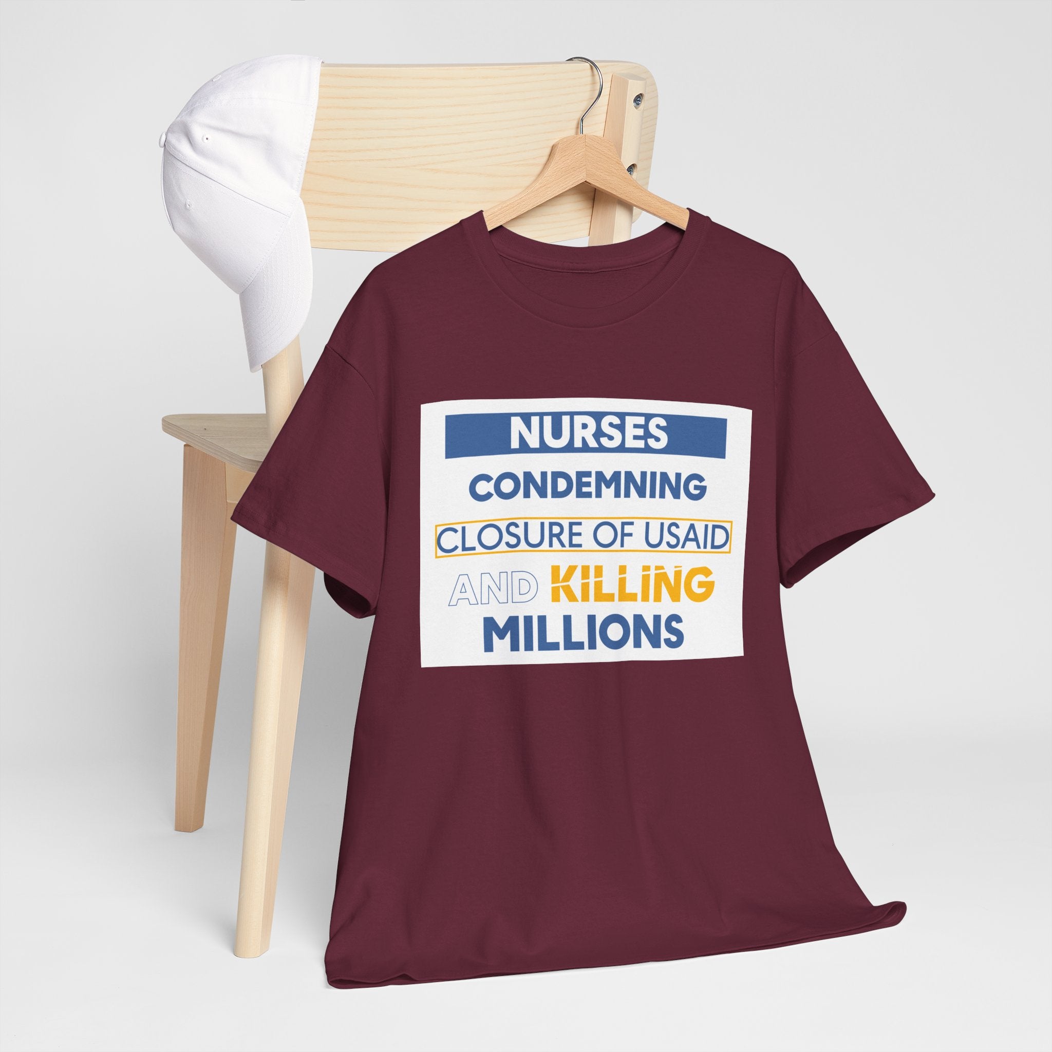 Unisex Medium fabric Cotton Tee - Nurses Condemning Closure of USAID (front) - Nurses For NIH CDC FEMA USAID And YOU (back) - 5.3 oz/yd² / 180 g/m² - NFG-T-G5000