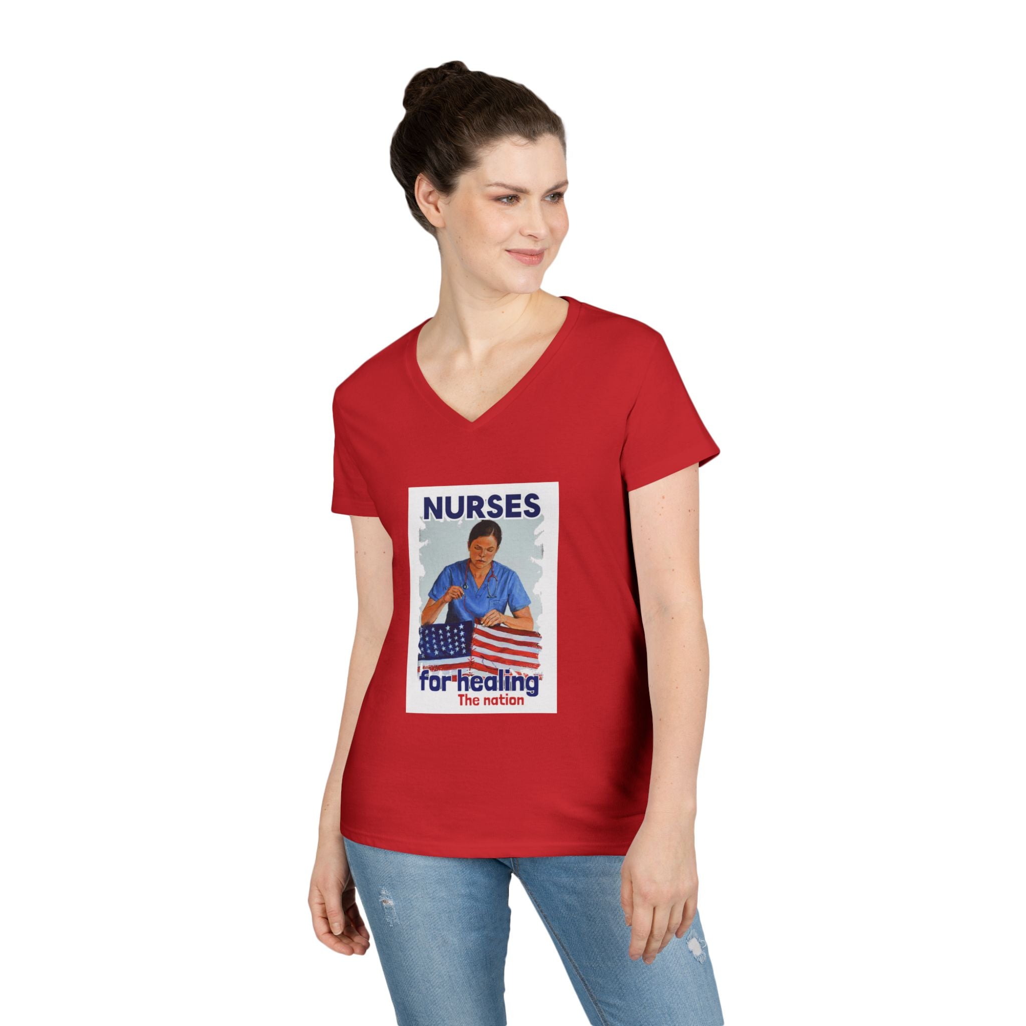Women's Medium fabric V-Neck T-Shirt - Nurses For Healing The Nation (front) - Nurses Standing Up For Humanity (back) - 100% cotton - NFH-V-G5V00L