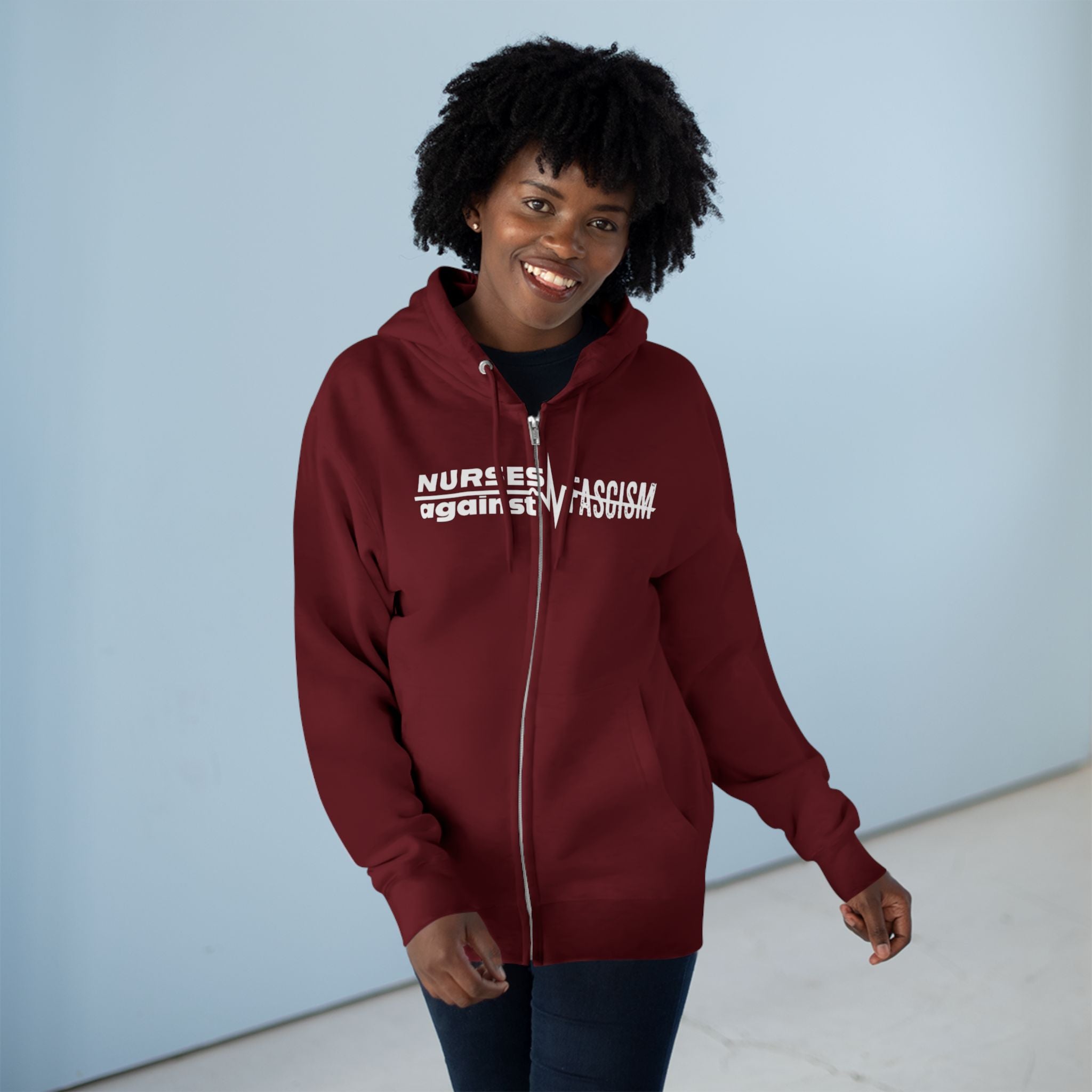 Men's Medium-heavy fabric Full-Zip Hoodie - Nurses Against Fascism (front) - Nurses Against Cruelty (black) - 60% recycled cotton, 40% recycled polyester - Lane Seven LS14003