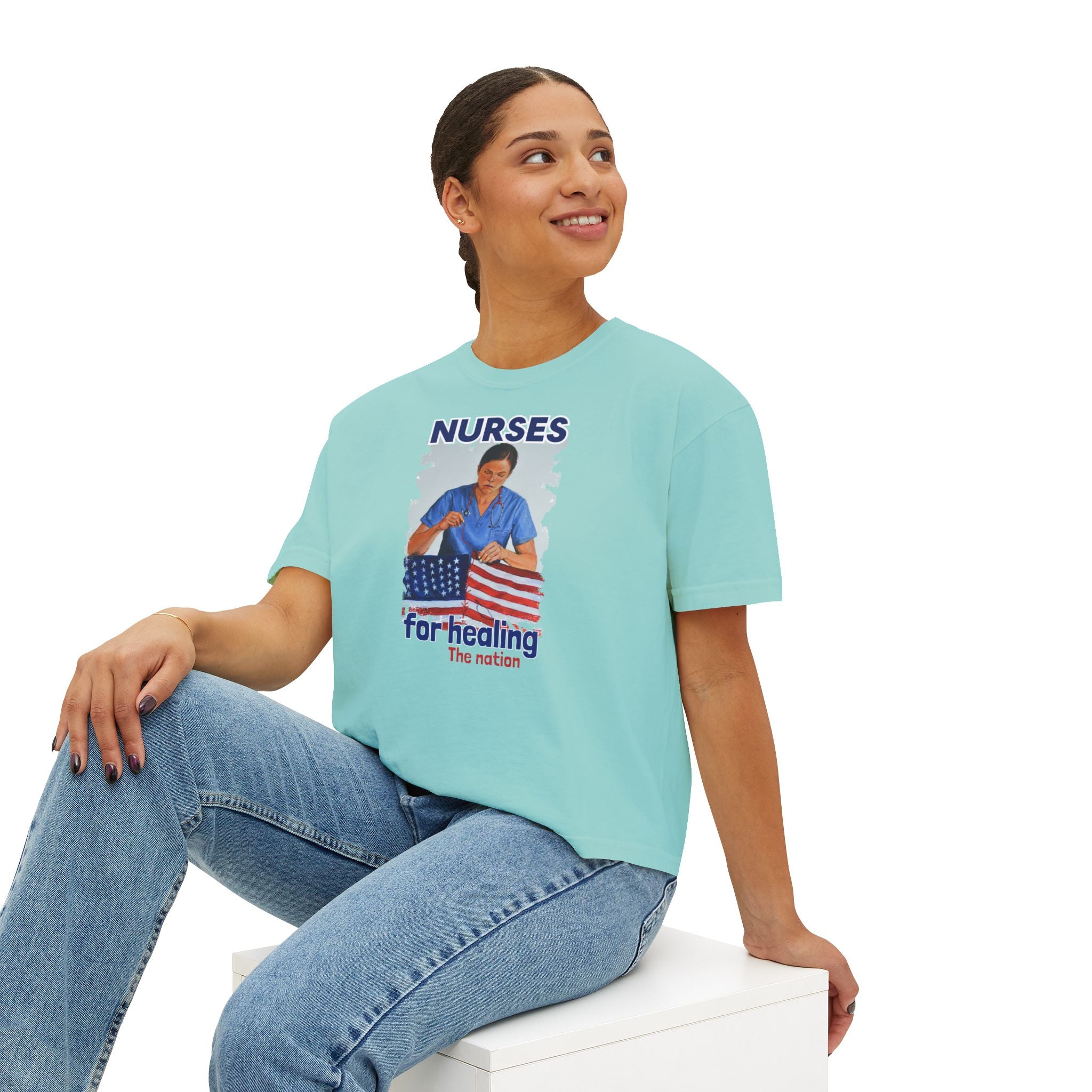 Women's Boxy Heavy fabric Tee - Nurses For Healing The Nation (front) - Nurses Standing Up For Humanity (back) - 100% ring-spun US cotton - NFH-T-CC3023CL