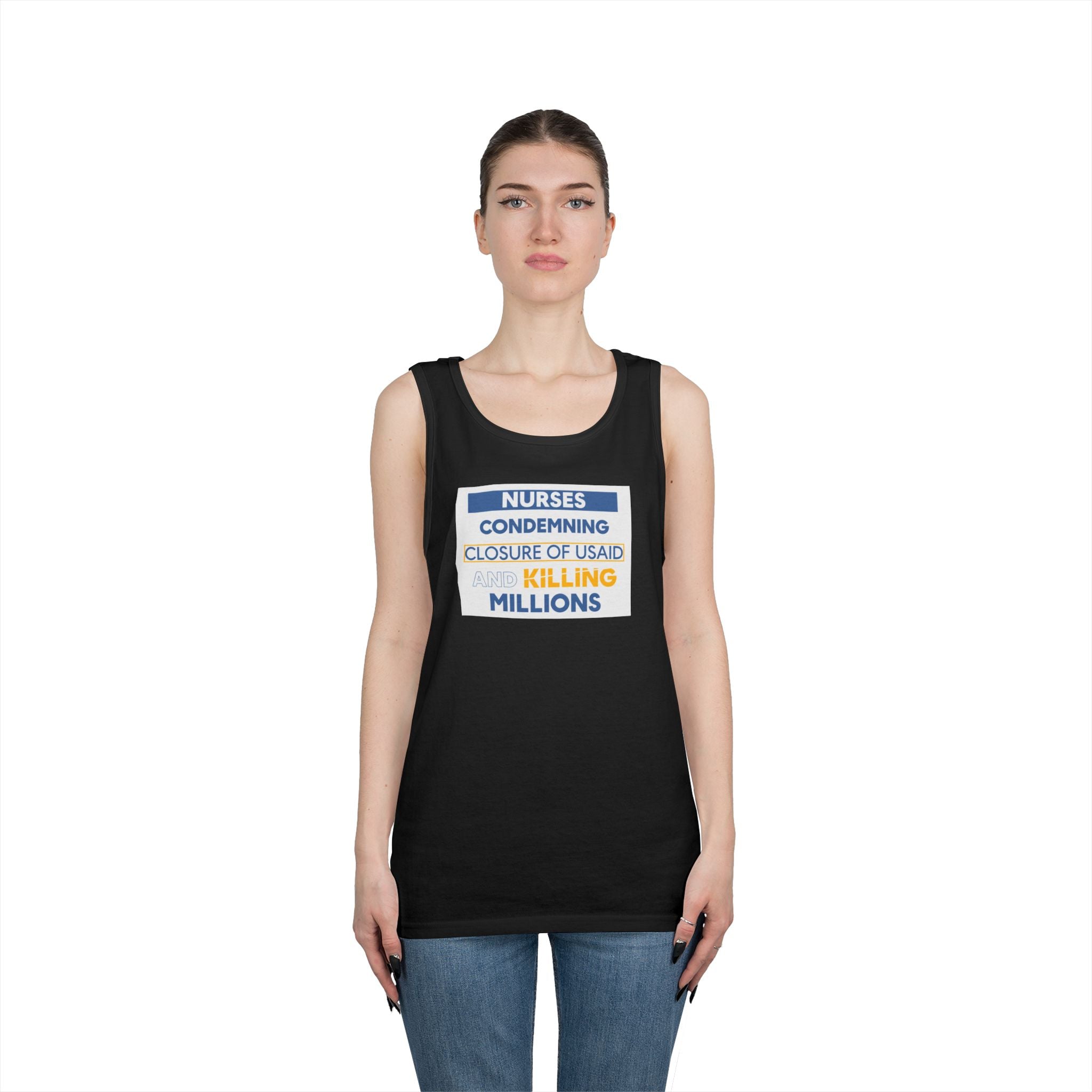 Unisex Medium fabric Cotton Tank Top - Nurses Condemning Closure of USAID (front) - Nurses For NIH CDC FEMA USAID And YOU (back) - 100% cotton - NFG-K-G5200