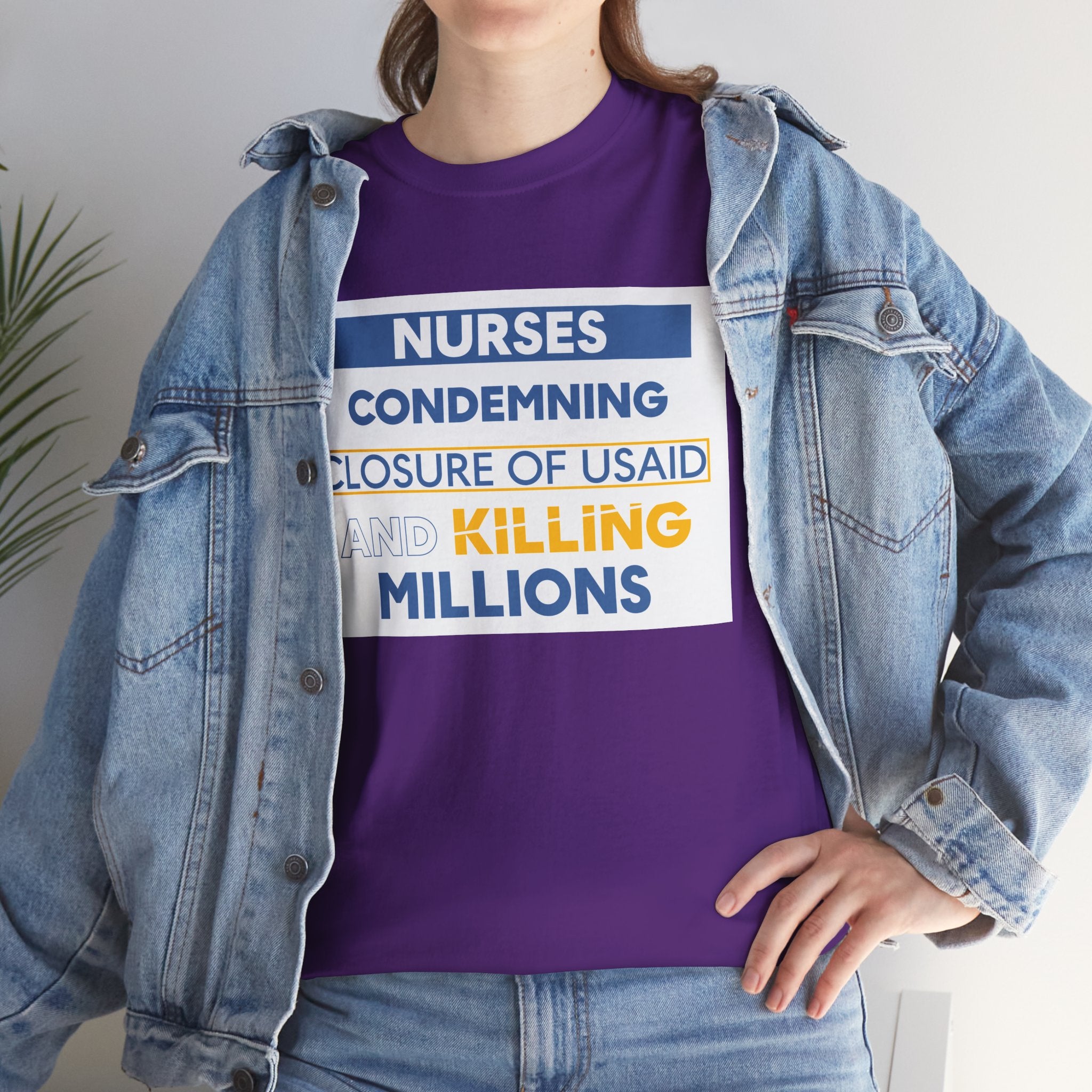 Unisex Medium fabric Cotton Tee - Nurses Condemning Closure of USAID (front) - Nurses For NIH CDC FEMA USAID And YOU (back) - 5.3 oz/yd² / 180 g/m² - NFG-T-G5000