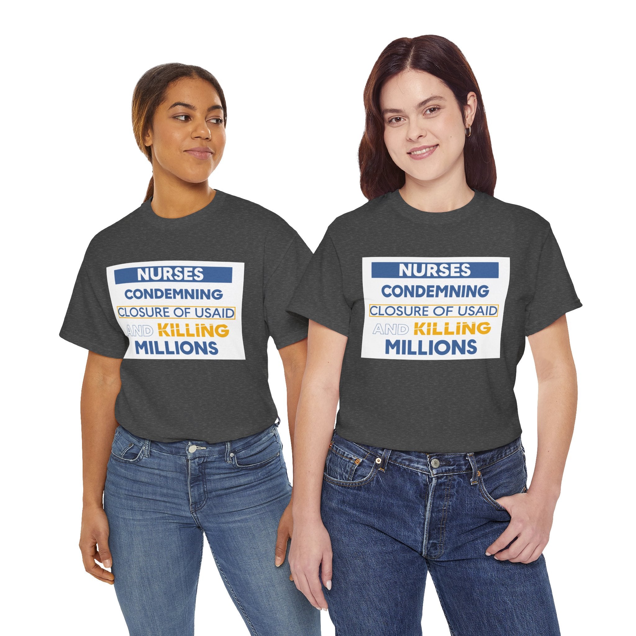 Unisex Medium fabric Cotton Tee - Nurses Condemning Closure of USAID (front) - Nurses For NIH CDC FEMA USAID And YOU (back) - 5.3 oz/yd² / 180 g/m² - NFG-T-G5000