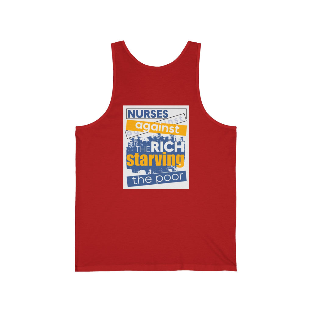 Unisex Light fabric Jersey Tank - Free School Lunches For All (front) - Nurses Against The Rich Starving The Poor (back) - 100% Airlume combed and ring-spun cotton - NAH-K-BC3480