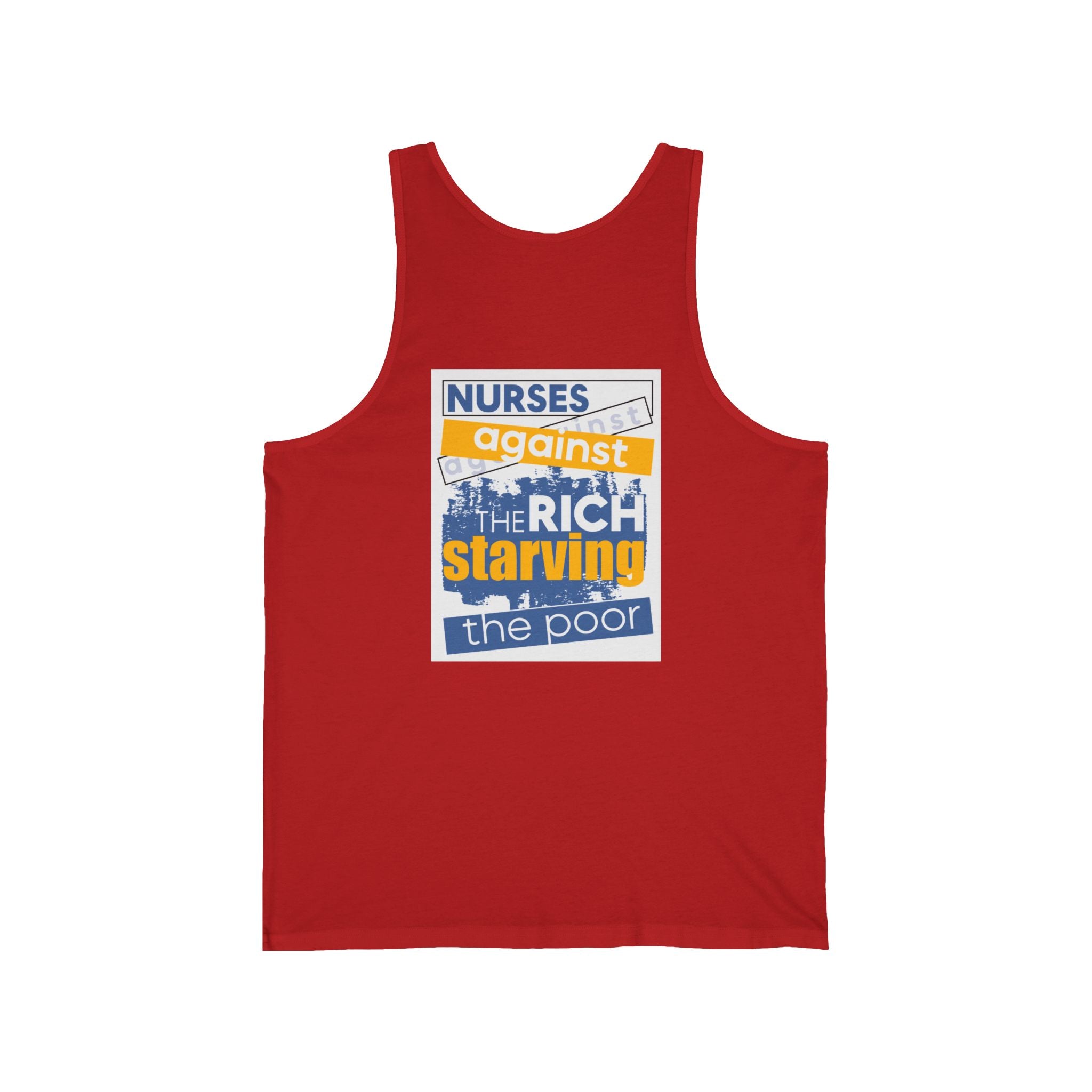 Unisex Light fabric Jersey Tank - Free School Lunches For All (front) - Nurses Against The Rich Starving The Poor (back) - 100% Airlume combed and ring-spun cotton - NAH-K-BC3480