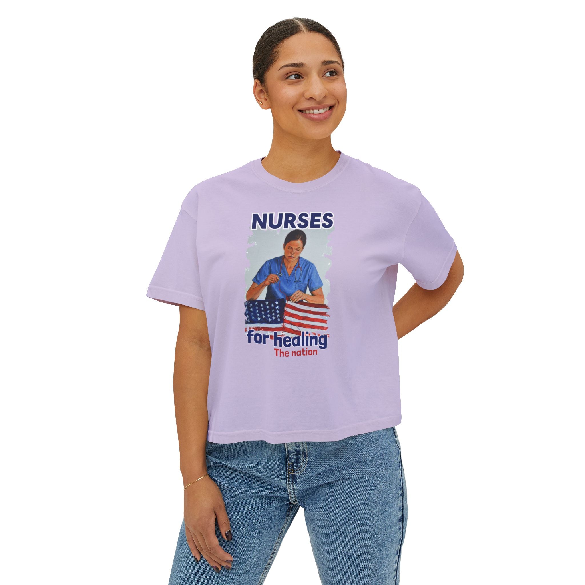 Women's Boxy Heavy fabric Tee - Nurses For Healing The Nation (front) - Nurses Standing Up For Humanity (back) - 100% ring-spun US cotton - NFH-T-CC3023CL