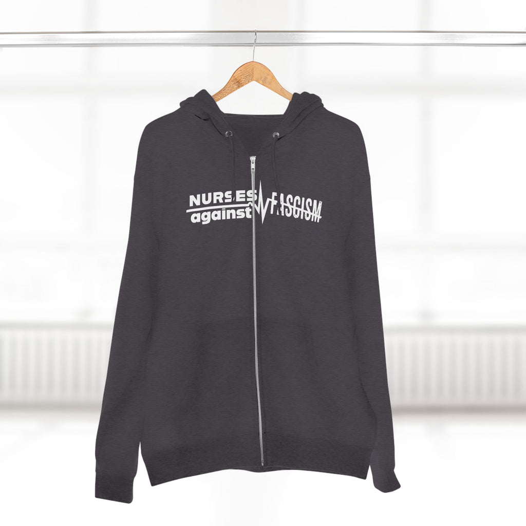 Men's Medium-heavy fabric Full-Zip Hoodie - Nurses Against Fascism (front) - Nurses Against Cruelty (black) - 60% recycled cotton, 40% recycled polyester - Lane Seven LS14003