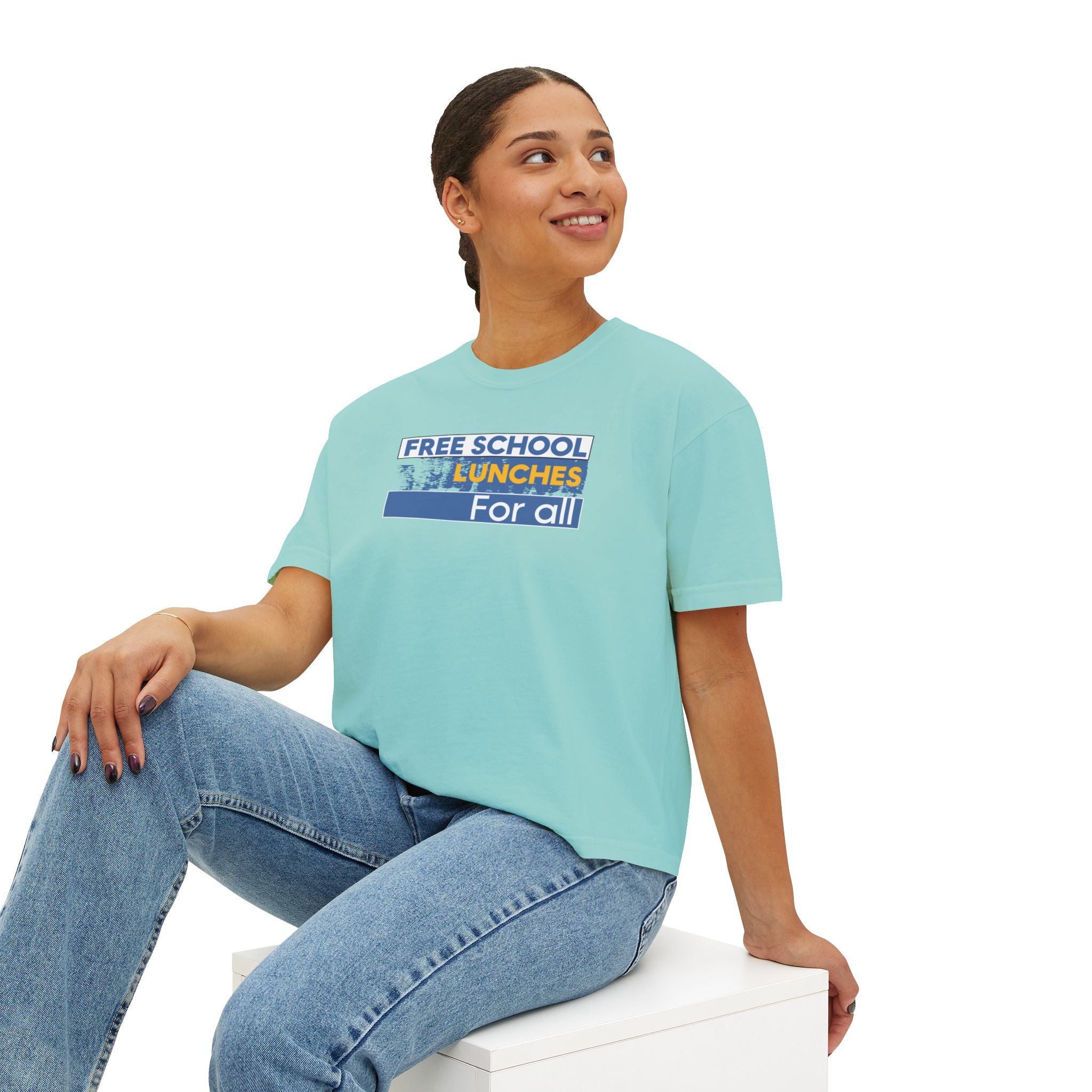 Women's Boxy Heavy fabric Tee - Free School Lunches For All (front) - Nurses Against The Rich Starving The Poor (back) - 100% ring-spun US cotton - NAH-T-CC3023CL