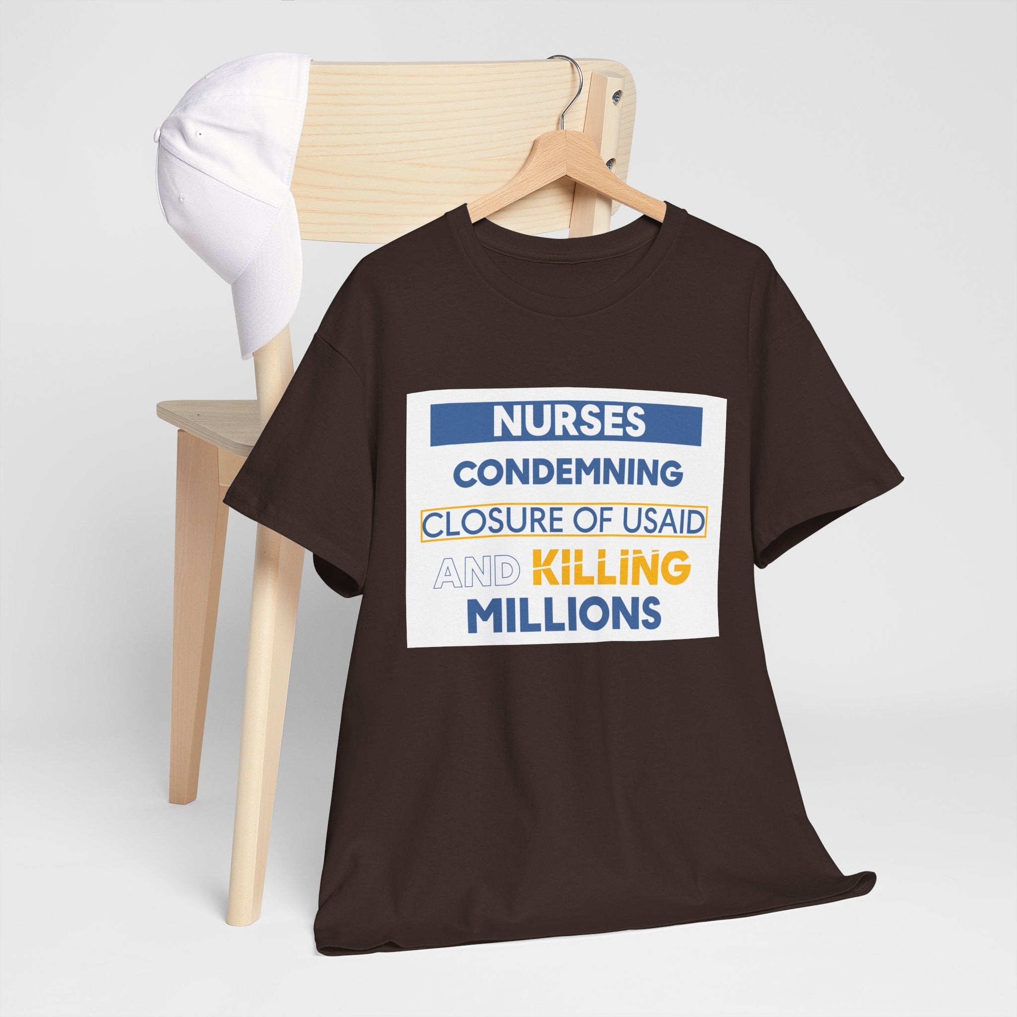Unisex Medium fabric Cotton Tee - Nurses Condemning Closure of USAID (front) - Nurses For NIH CDC FEMA USAID And YOU (back) - 5.3 oz/yd² / 180 g/m² - NFG-T-G5000