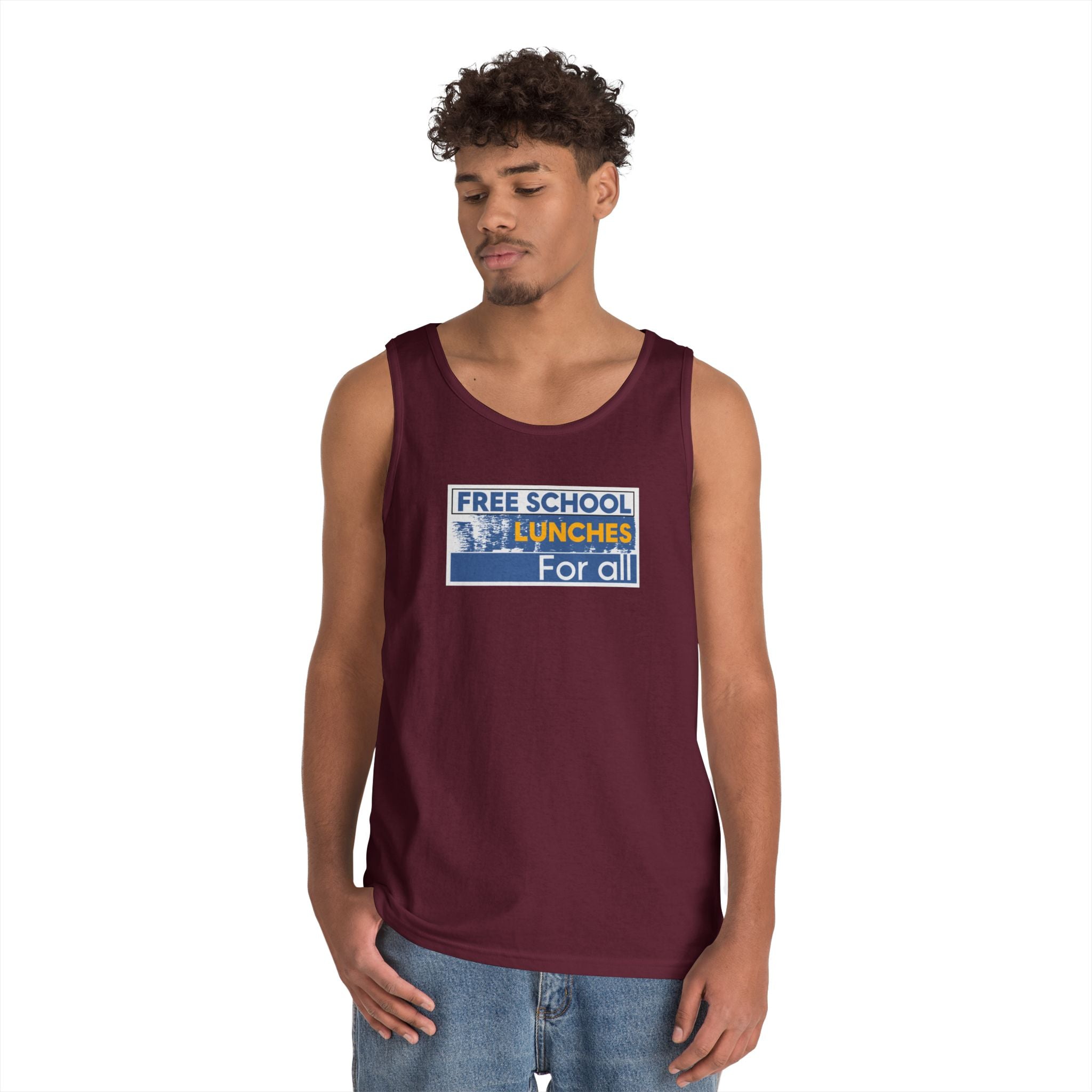 Unisex Medium fabric Cotton Tank Top - Free School Lunches For All (front) - Nurses Against The Rich Starving The Poor (back) - 100% cotton - NAH-K-G5200