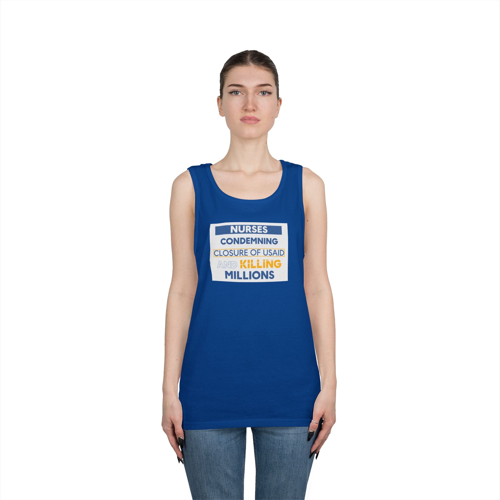 Unisex Medium fabric Cotton Tank Top - Nurses Condemning Closure of USAID (front) - Nurses For NIH CDC FEMA USAID And YOU (back) - 100% cotton - NFG-K-G5200