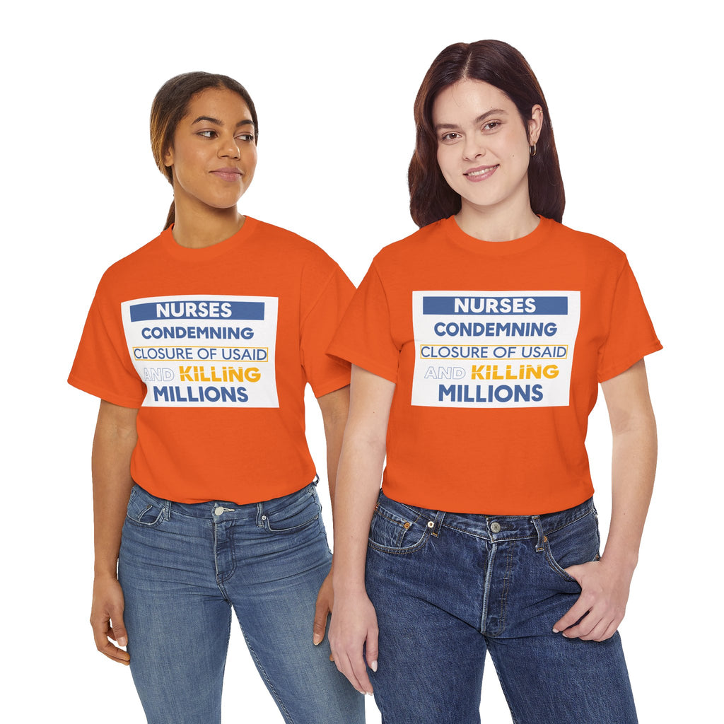 Unisex Medium fabric Cotton Tee - Nurses Condemning Closure of USAID (front) - Nurses For NIH CDC FEMA USAID And YOU (back) - 5.3 oz/yd² / 180 g/m² - NFG-T-G5000