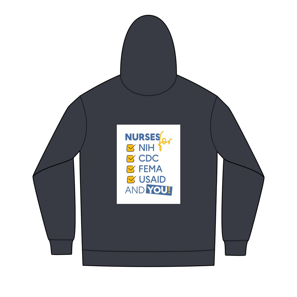 Men's Medium-heavy fabric Full-Zip Hoodie - Nurses Condemning Closure of USAID (front) - Nurses For NIH, CDC, FEMA, USAID, and YOU (back) - 60% recycled cotton, 40% recycled polyester - NFG-Z-DT8102