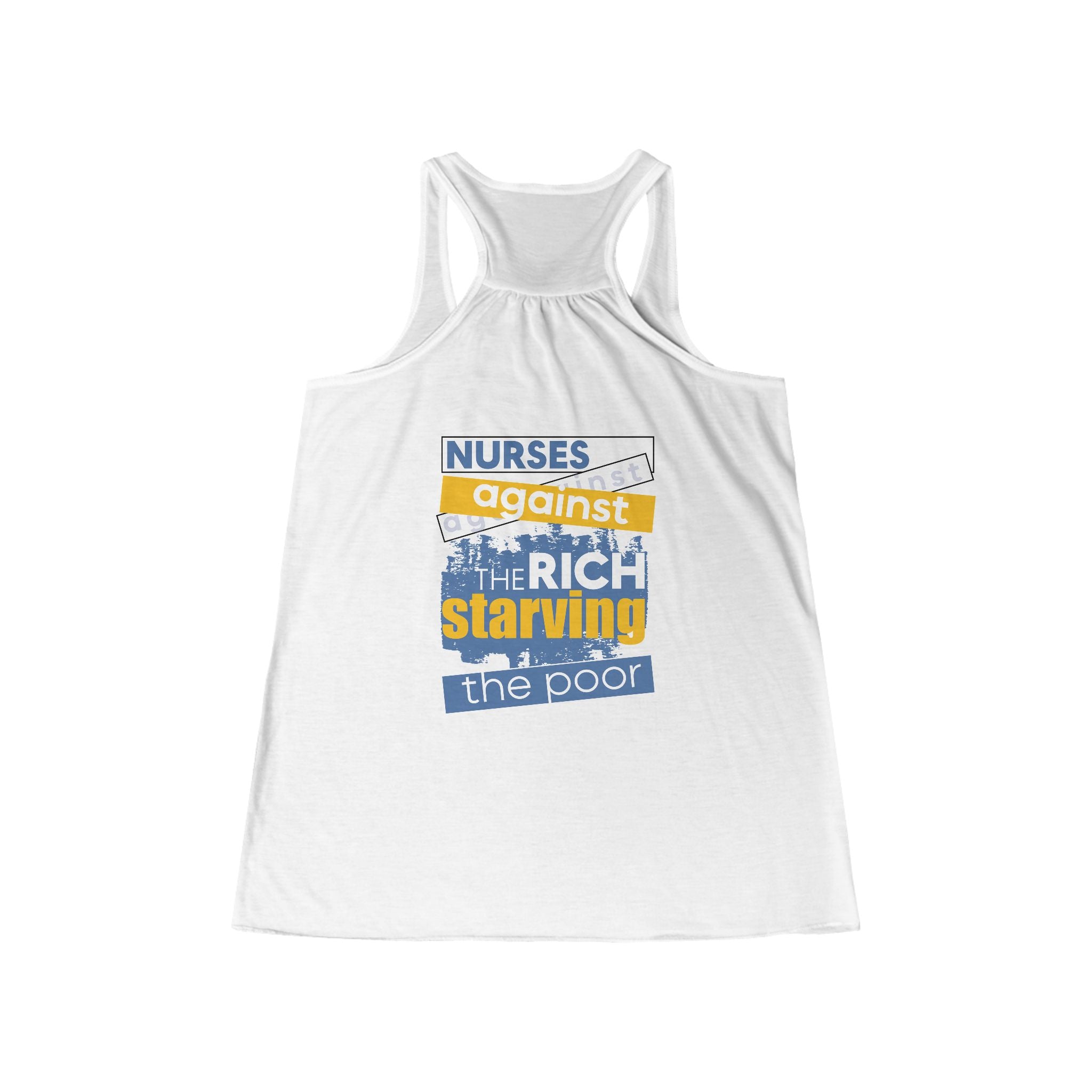 Women's Flowy Extra Light fabric Racerback Tank - Free School Lunches For All (front) - Nurses Against The Rich Starving The Poor (back) - 65% Polyester 35% Viscose  - NAH-F-BC8800