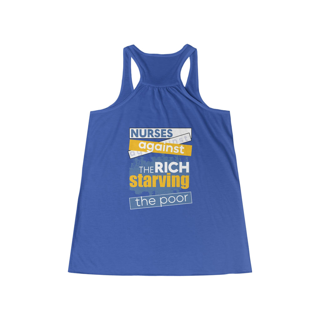 Women's Flowy Extra Light fabric Racerback Tank - Free School Lunches For All (front) - Nurses Against The Rich Starving The Poor (back) - 65% Polyester 35% Viscose  - NAH-F-BC8800