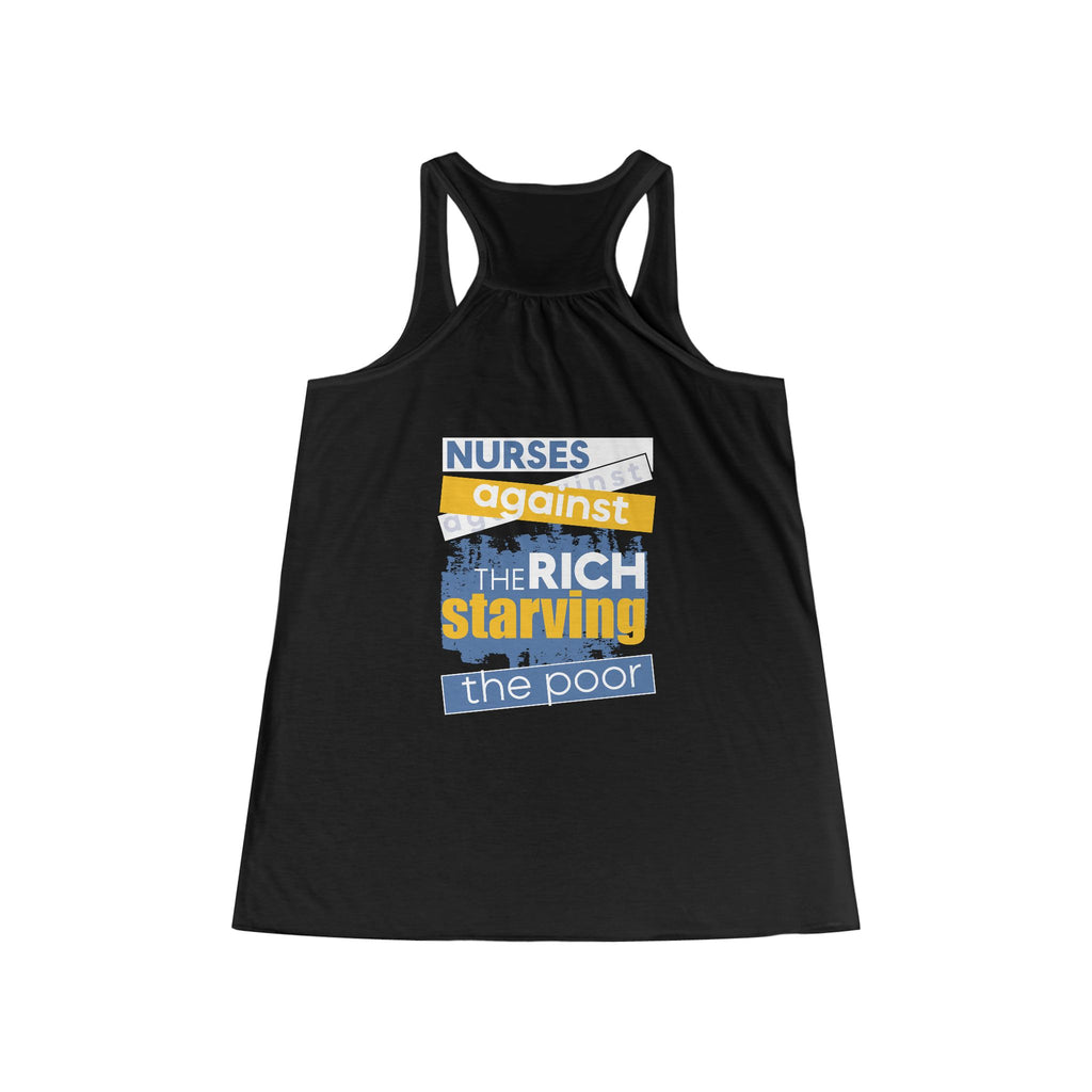 Women's Flowy Extra Light fabric Racerback Tank - Free School Lunches For All (front) - Nurses Against The Rich Starving The Poor (back) - 65% Polyester 35% Viscose  - NAH-F-BC8800