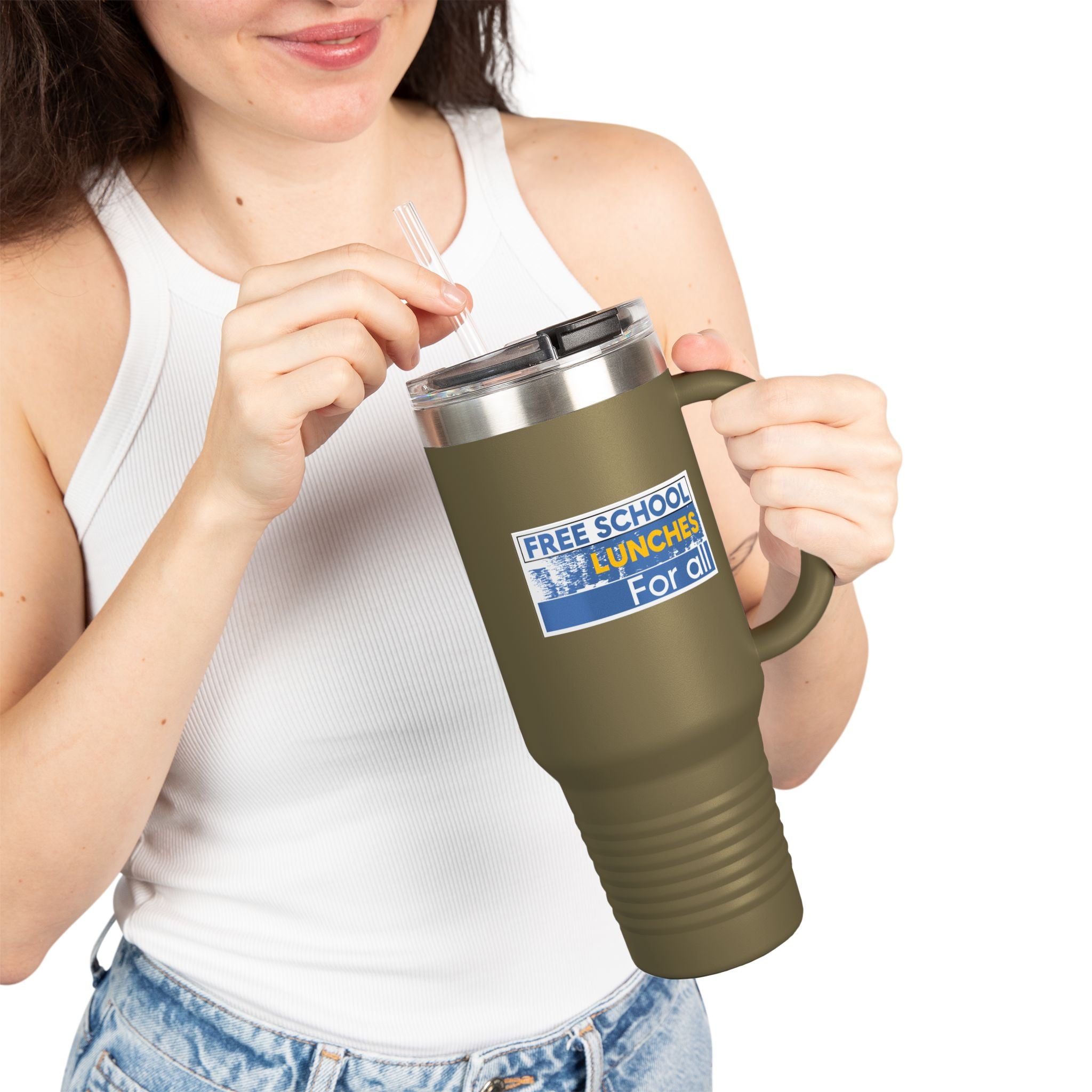 Travel Mug - Free School Lunches For All (front) - Nurses Against The Rich Starving The Poor (back) - 100% stainless steel (body) - NAH-TM-40oz