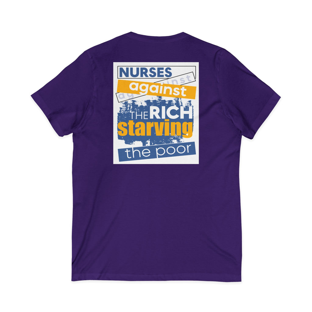 Unisex Lightweight fabric Jersey Short Sleeve V-Neck Tee - Free School Lunches For All (front) - Nurses Against The Rich Starving The Poor (back) - 100% cotton fabric - NAH-V-BC3005