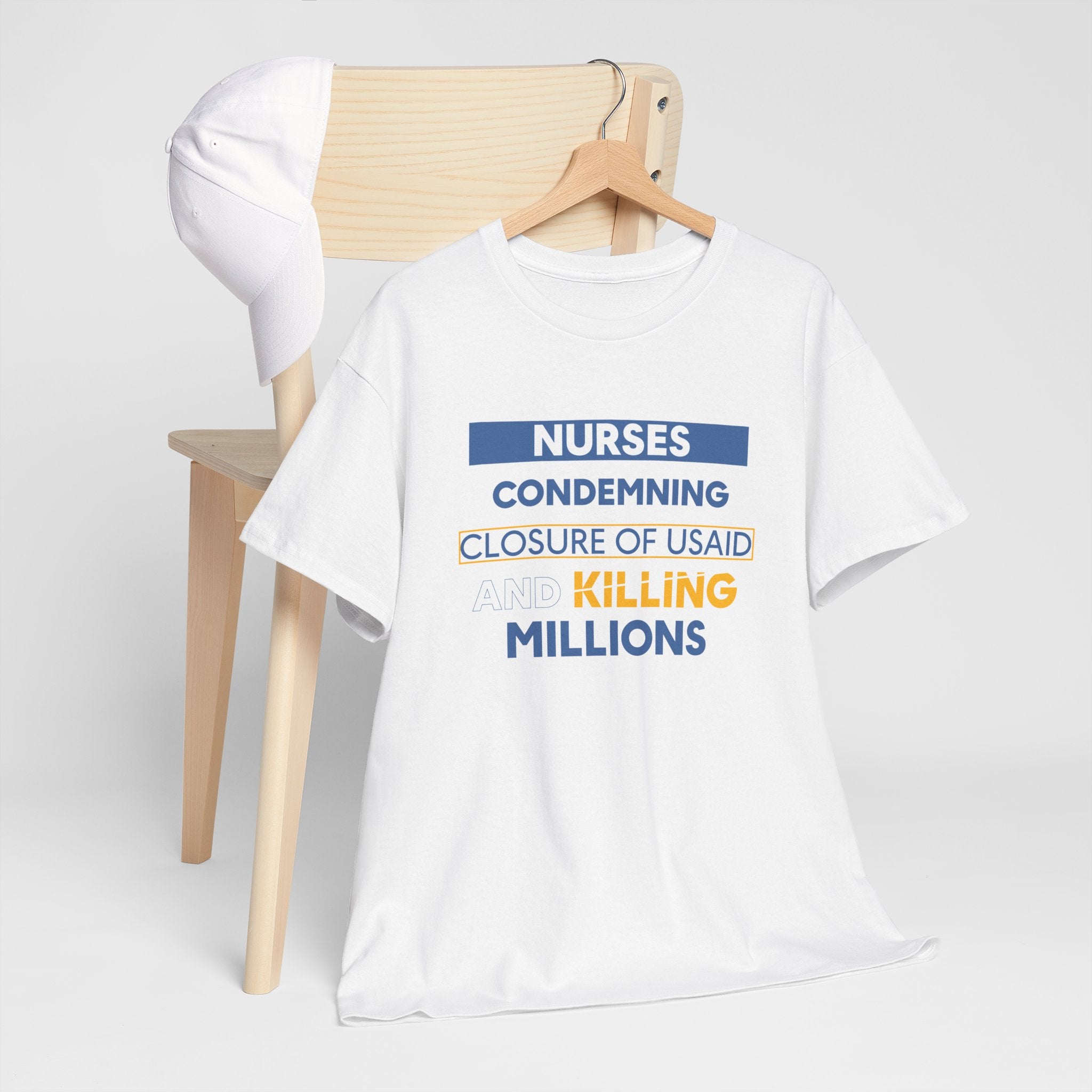 Unisex Medium fabric Cotton Tee - Nurses Condemning Closure of USAID (front) - Nurses For NIH CDC FEMA USAID And YOU (back) - 5.3 oz/yd² / 180 g/m² - NFG-T-G5000