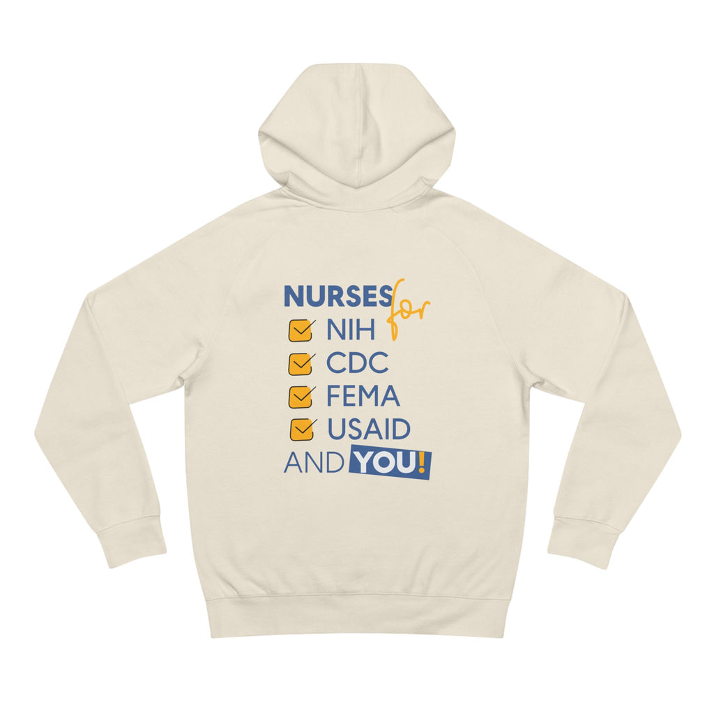 Unisex Mid-weight Hoodie - Nurses Condemning Closure of USAID (front) - Nurses For NIH CDC FEMA USAID And YOU (back) - 80% cotton, 20% Polyester - NFG-H-AC5101