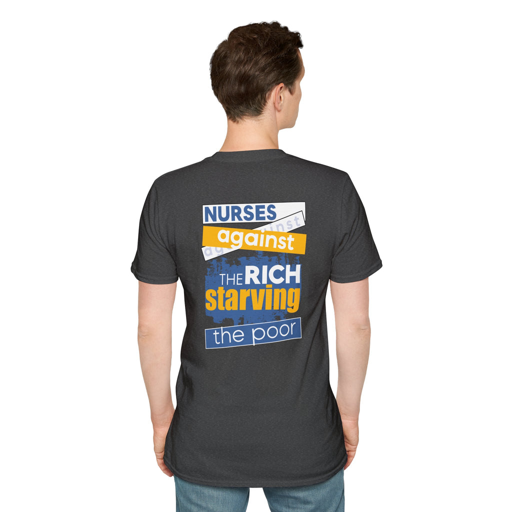 Unisex Lightweight fabric T-Shirt - Free School Lunches For All (front) - Nurses Against The Rich Starving The Poor (back) - 100% ring-spun cotton - NAH-T-G64000