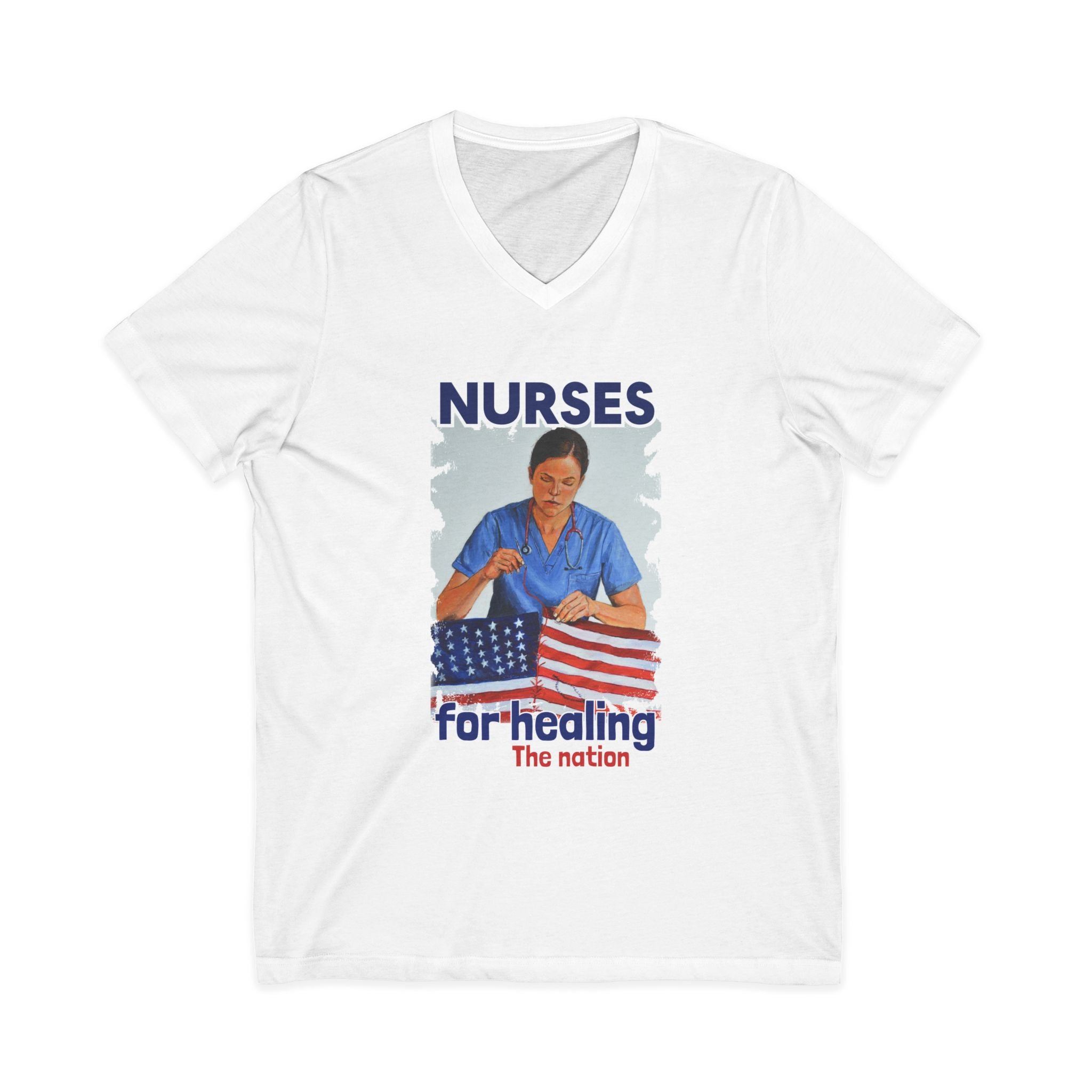 Unisex Lightweight fabric Jersey Short Sleeve V-Neck Tee - Nurses For Healing The Nation (front) - Nurses Standing Up For Humanity (back) - 100% cotton fabric - NFH-V-BC3005