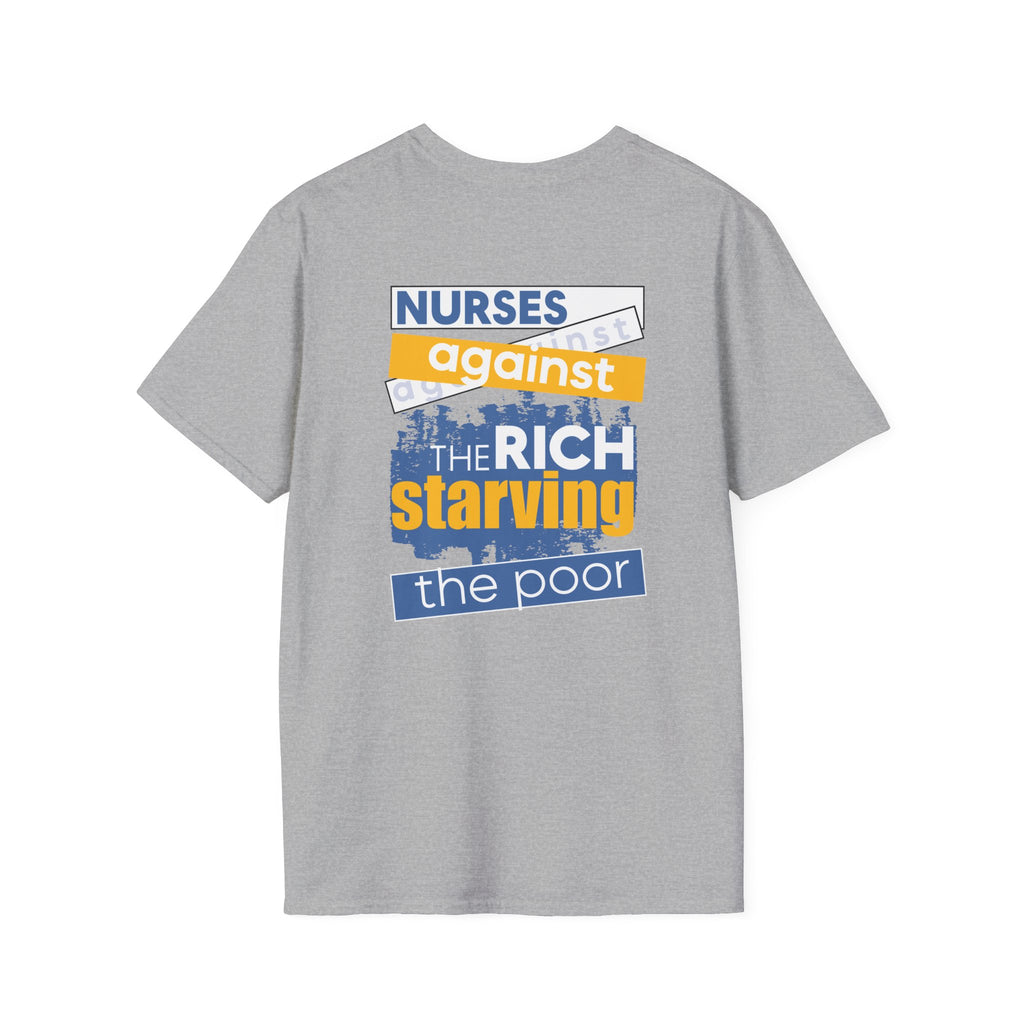 Unisex Lightweight fabric T-Shirt - Free School Lunches For All (front) - Nurses Against The Rich Starving The Poor (back) - 100% ring-spun cotton - NAH-T-G64000