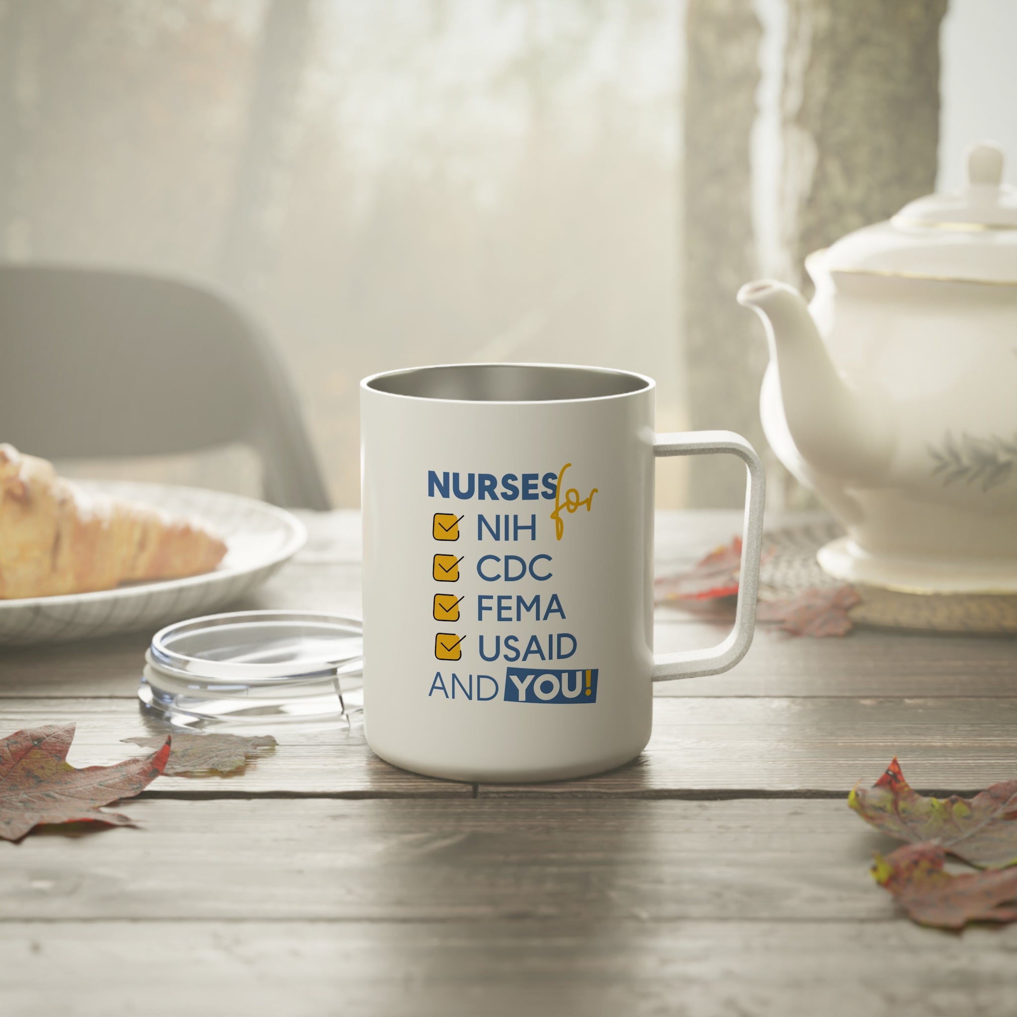 Unisex Insulated Coffee Mug - Nurses Condemning Closure of USAID (right) - Nurses For NIH CDC FEMA USAID And YOU (left) - 10oz - NFG-CM-INSULATED