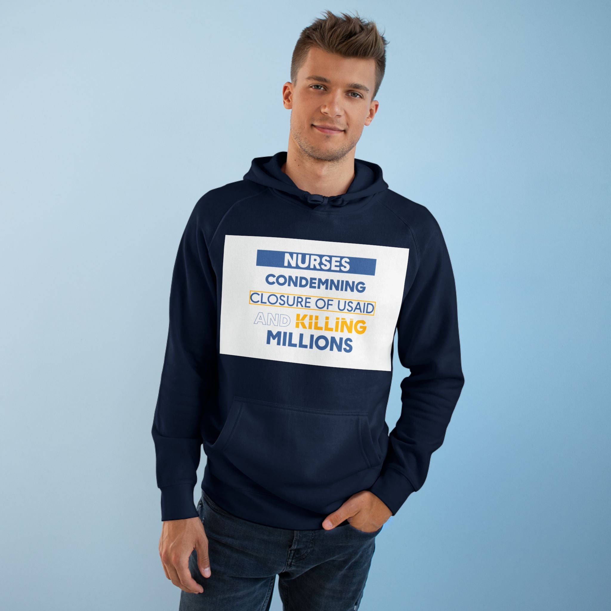 Unisex Mid-weight Hoodie - Nurses Condemning Closure of USAID (front) - Nurses For NIH CDC FEMA USAID And YOU (back) - 80% cotton, 20% Polyester - NFG-H-AC5101