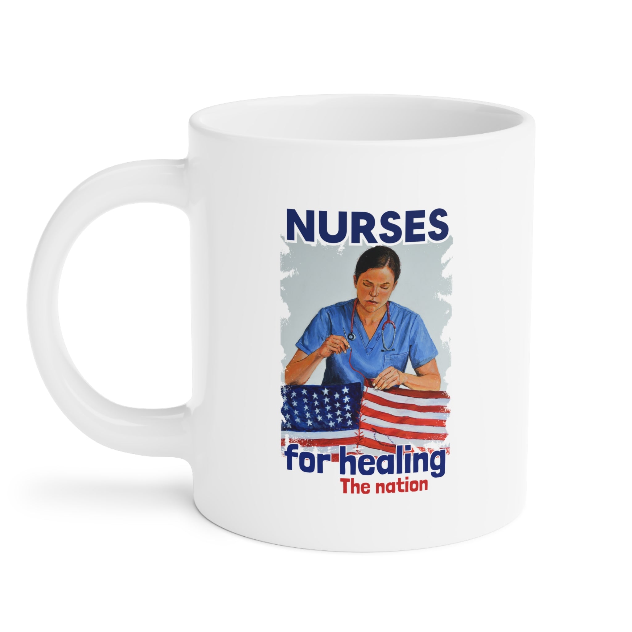 Unisex Ceramic Mug - Nurses For Healing The Nation (right) - Nurses Standing Up For Humanity (left) - Durable white Ceramic - NFH-CM-ORCA